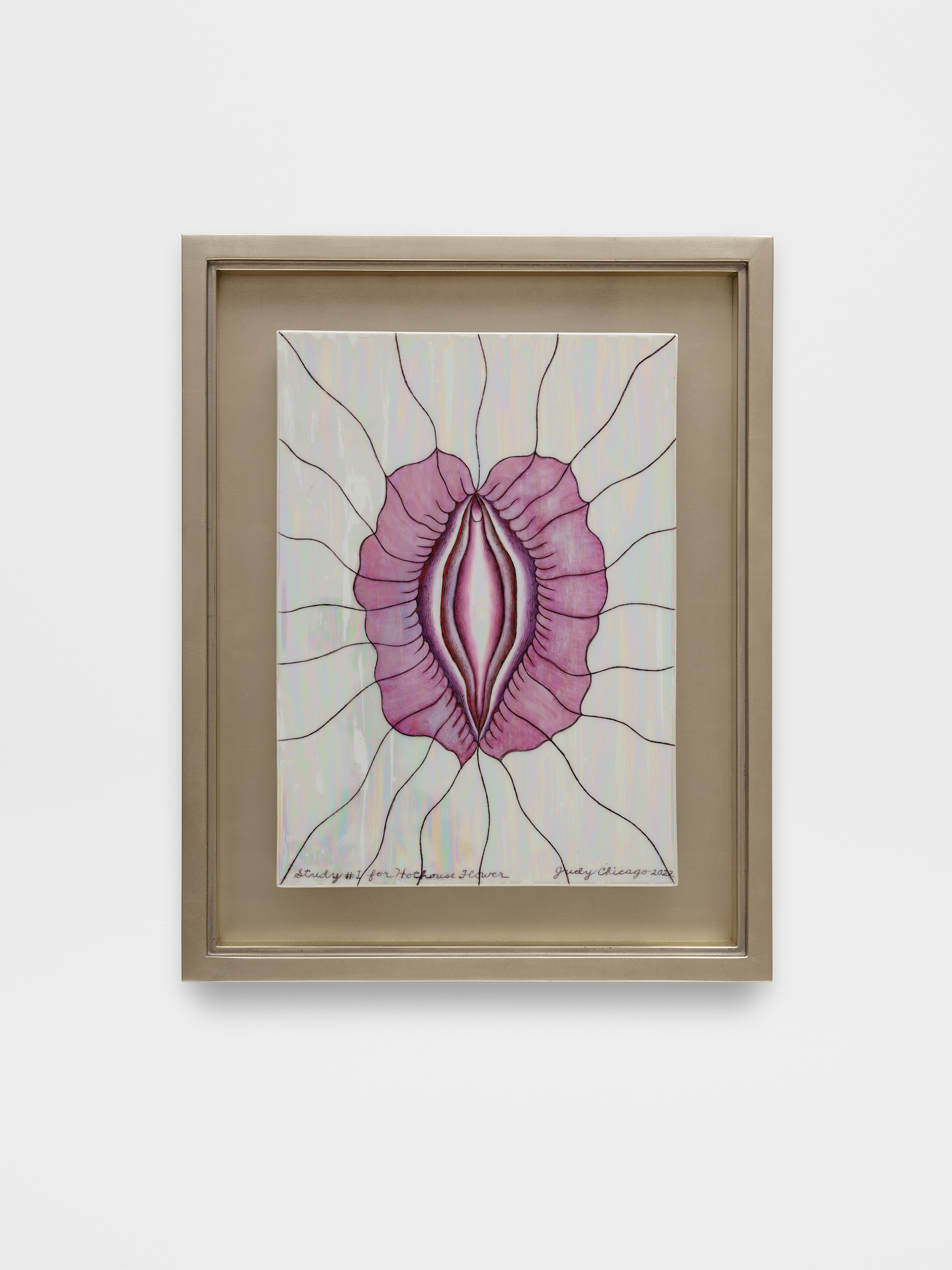 Judy Chicago<br><em>Study #1 for Hothouse Flower</em>, 2022<br>Multi-fired lustre and china paint on porcelain<br>19 x 15 x 2 inches / 48.3 x 38.1 x 5.1 cm