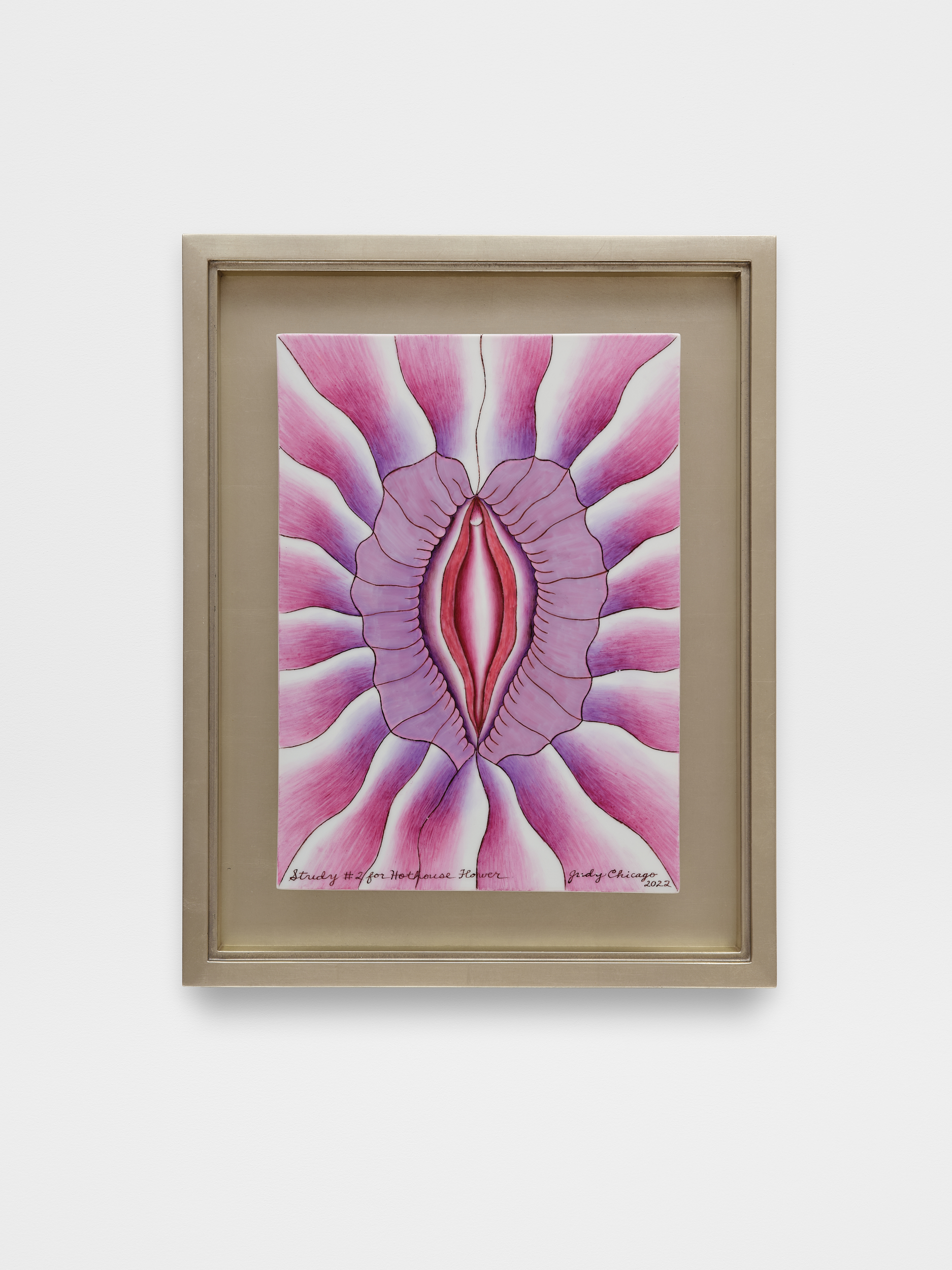Judy Chicago<br><em>Study #2 for Hothouse Flower</em>, 2022<br>Multi-fired lustre and china paint on porcelain<br>19 x 15 x 2 inches / 48.3 x 38.1 x 5.1 cm