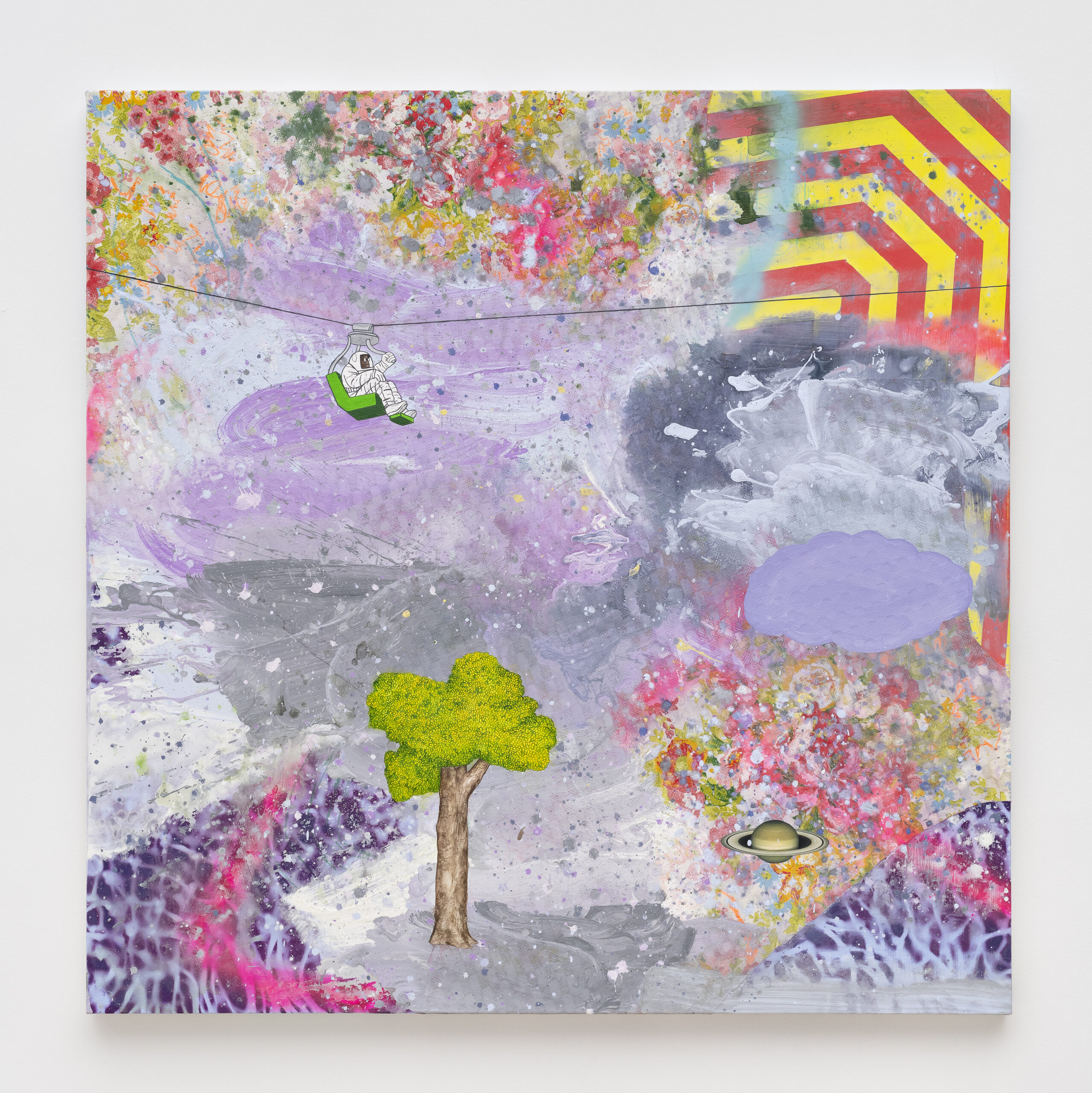 David Huffman<br><em>Interwoven</em>, 2026<br>Acrylic, gouache, fabric, spray paint, color pencil, and photo collage on canvas<br>48 x 48 x 1 1/2 inches / 121.9 x 121.9 x 3.8 cm