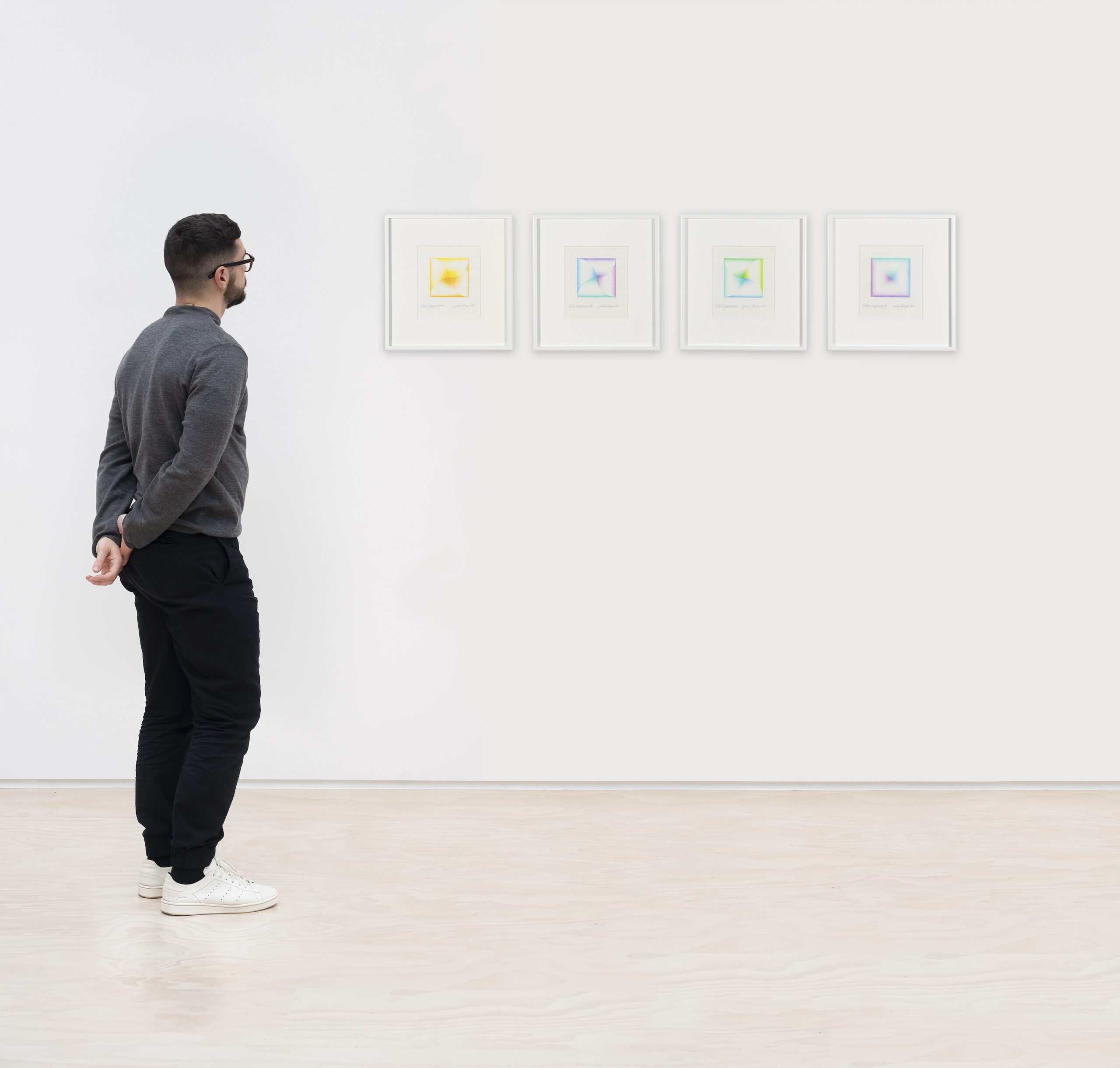 <p>Judy Chicago<br /><em>Color Fragments</em>, 1968<br />Prismacolor on tracing paper<br />Frame (each): 14 x 13 x 1 1/2 inches / 35.6 x 33 x 3.8 cm<br />Scale view</p>
