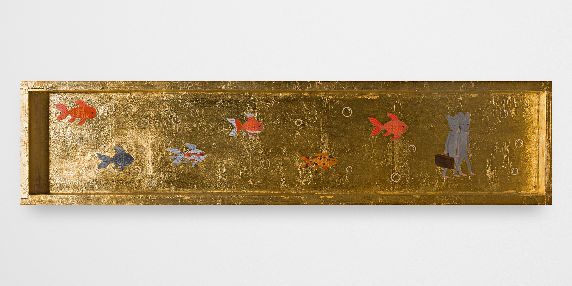 Atsushi Kaga<br><em>Homage to Jakuchū - Panel 5</em>, 2025<br>Acrylic and mixed metal leaf on board, painted on both sides<br>8 1/4 x 35 1/2 x 2 inches / 21.1 x 90.3 x 5 cm