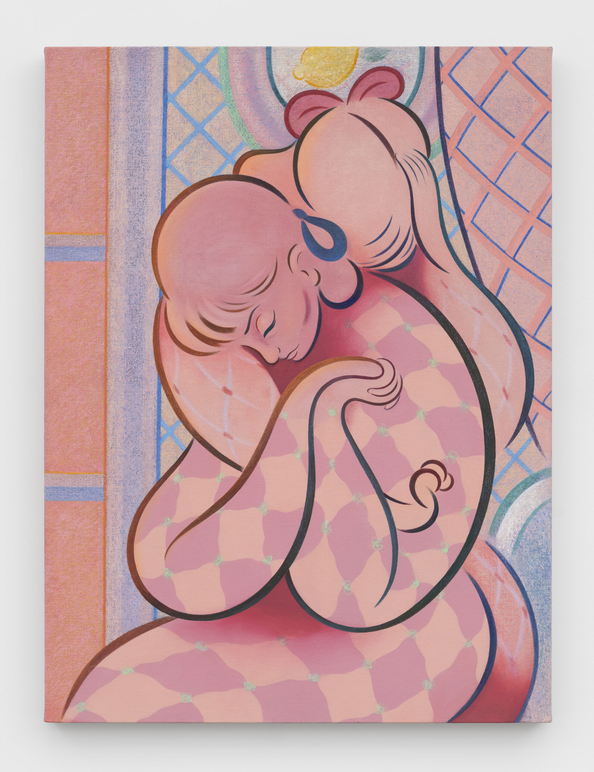 Koak<br><em>Everything Touches Everything Else</em>, 2026<br>Flashe, acrylic, chalk from Seven Sisters, and casein on linen<br>40 x 30 x 2 inches / 101.6 x 76.2 x 5.1 cm