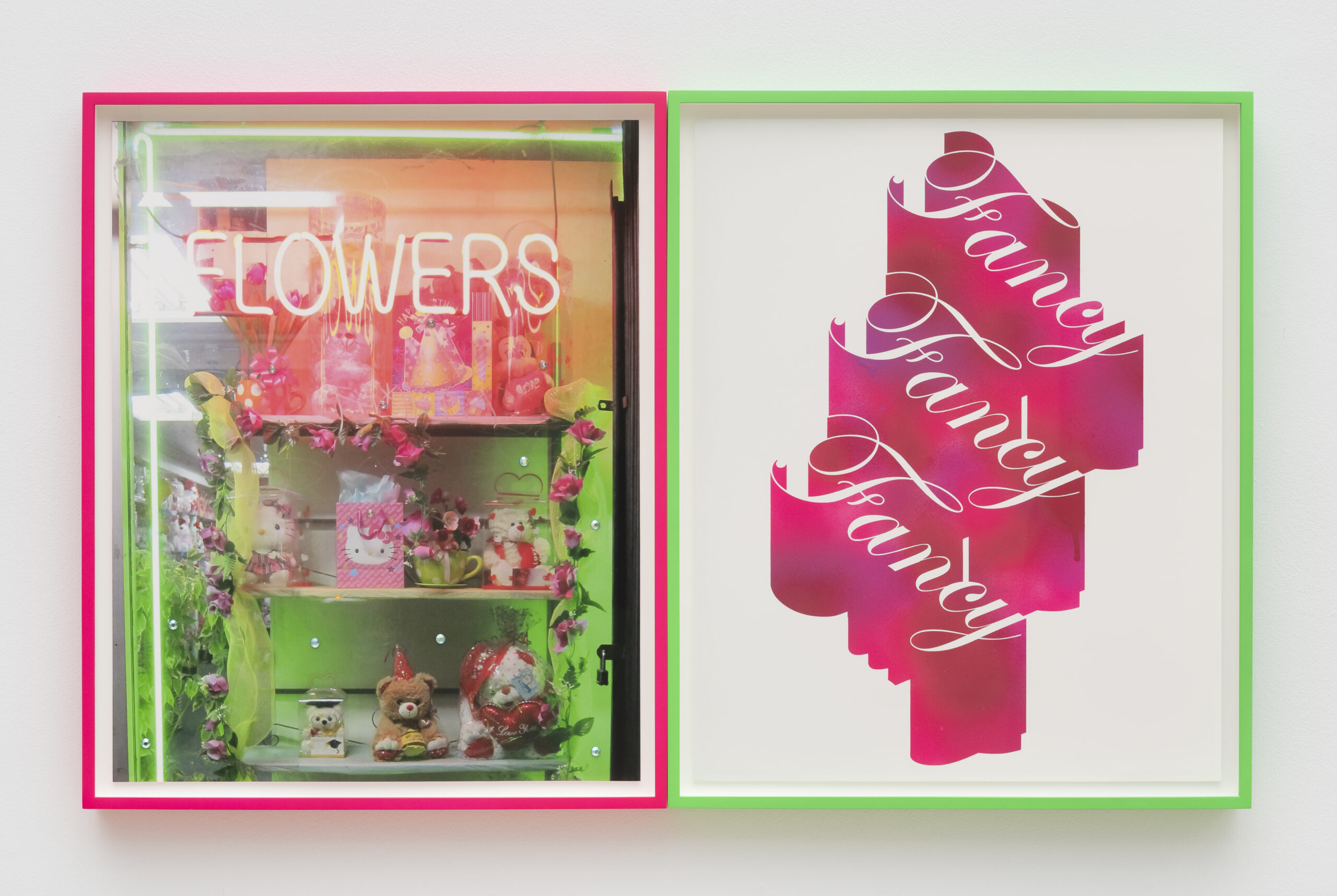 <p>Sadie Barnette<br /><em>Fancy Flowers</em>, 2026<br />Spray paint, inkjet print, and rhinestones<br />21 5/8 x 35 1/4 x 1 1/2 inches / 54.9 x 89.5 x 3.8 cm</p>
