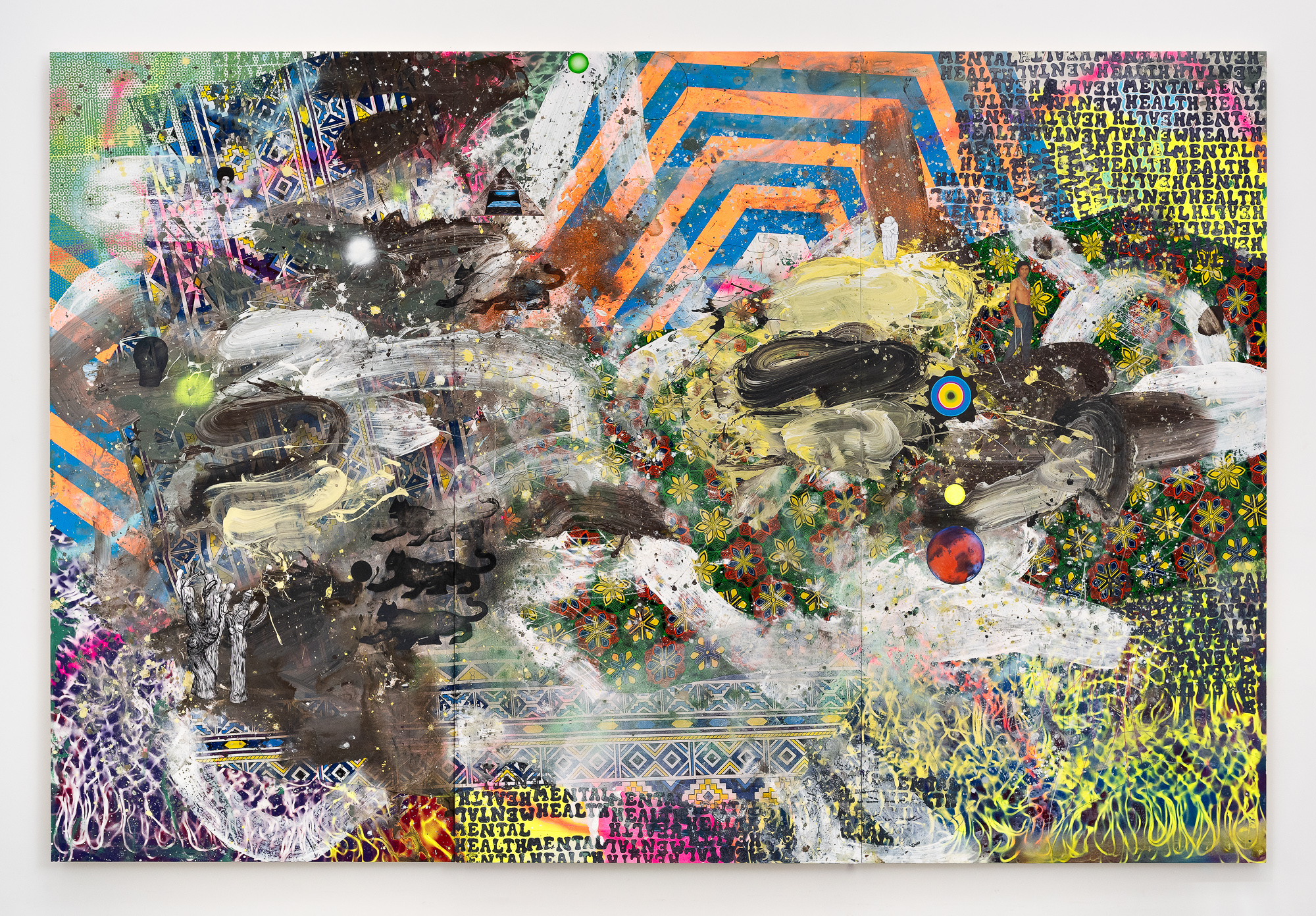 <p>David Huffman<br /><em>The Sun Still Rises</em>, 2023<br />Acrylic, oil, spray paint, African cloth, photo collage, glitter, crayon, and graphite on panel<br />96 x 144 inches / 243.8 x 365.8 cm</p>
