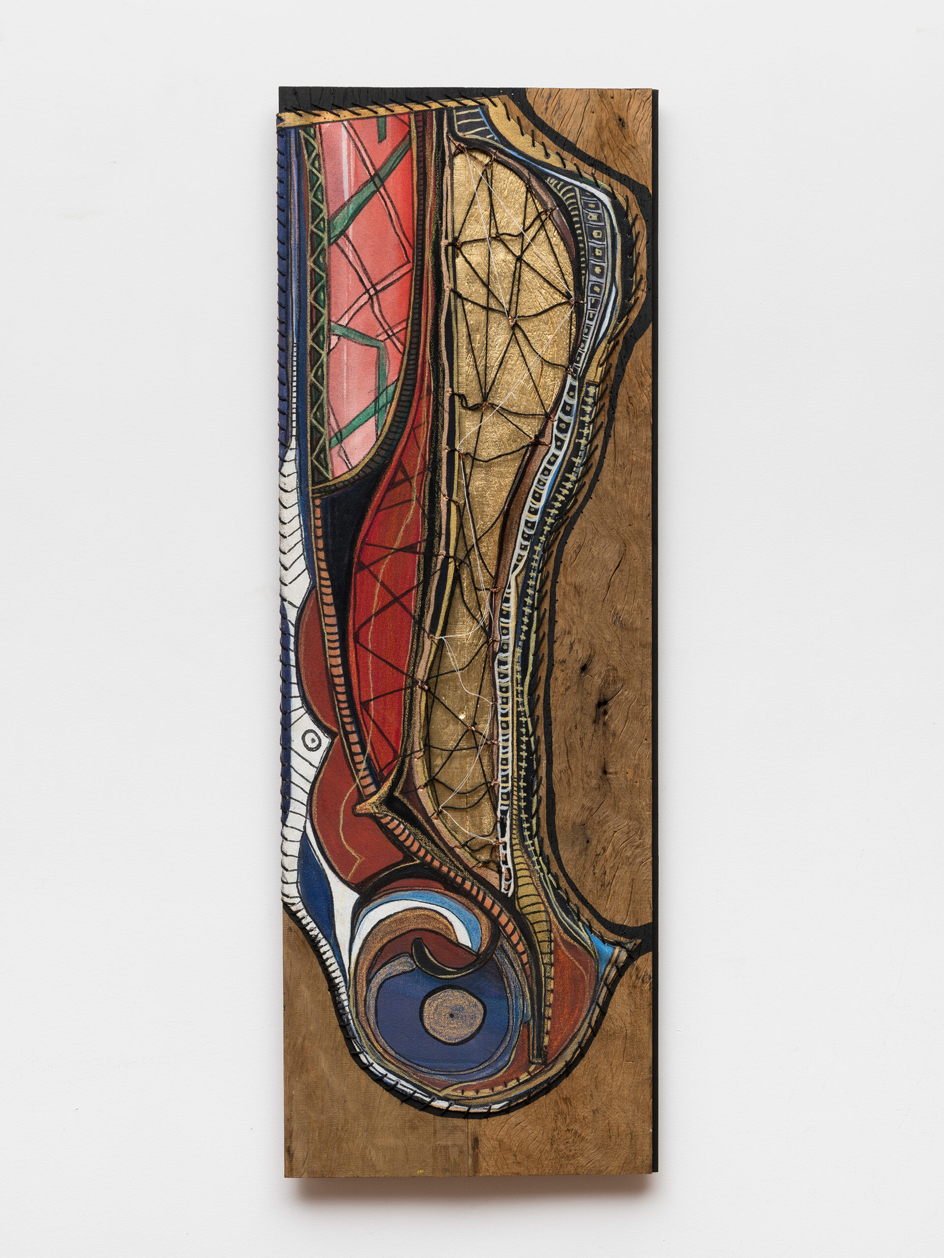 Sonia Gomes<br><em>Voluta</em>, 2024/2025<br>Acrylic, gold leaf, thread, and canvas on reclaimed wood<br>15 3/4 x 4 3/8 x 2 3/4 inches / 40 x 11 x 7 cm