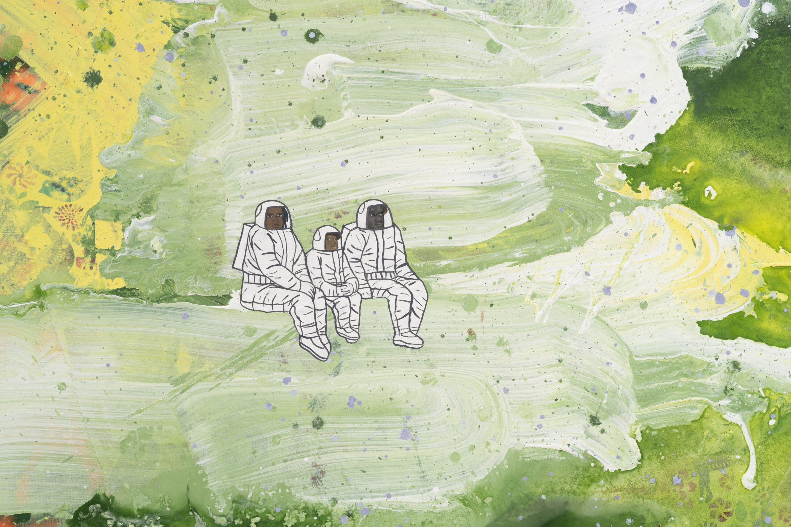 <p>David Huffman<br /><em>Courageous Journey</em>, 2026<br />Acrylic, gouache, fabric, spray paint, color pencil, and photo collage on canvas<br />Detail view</p>
