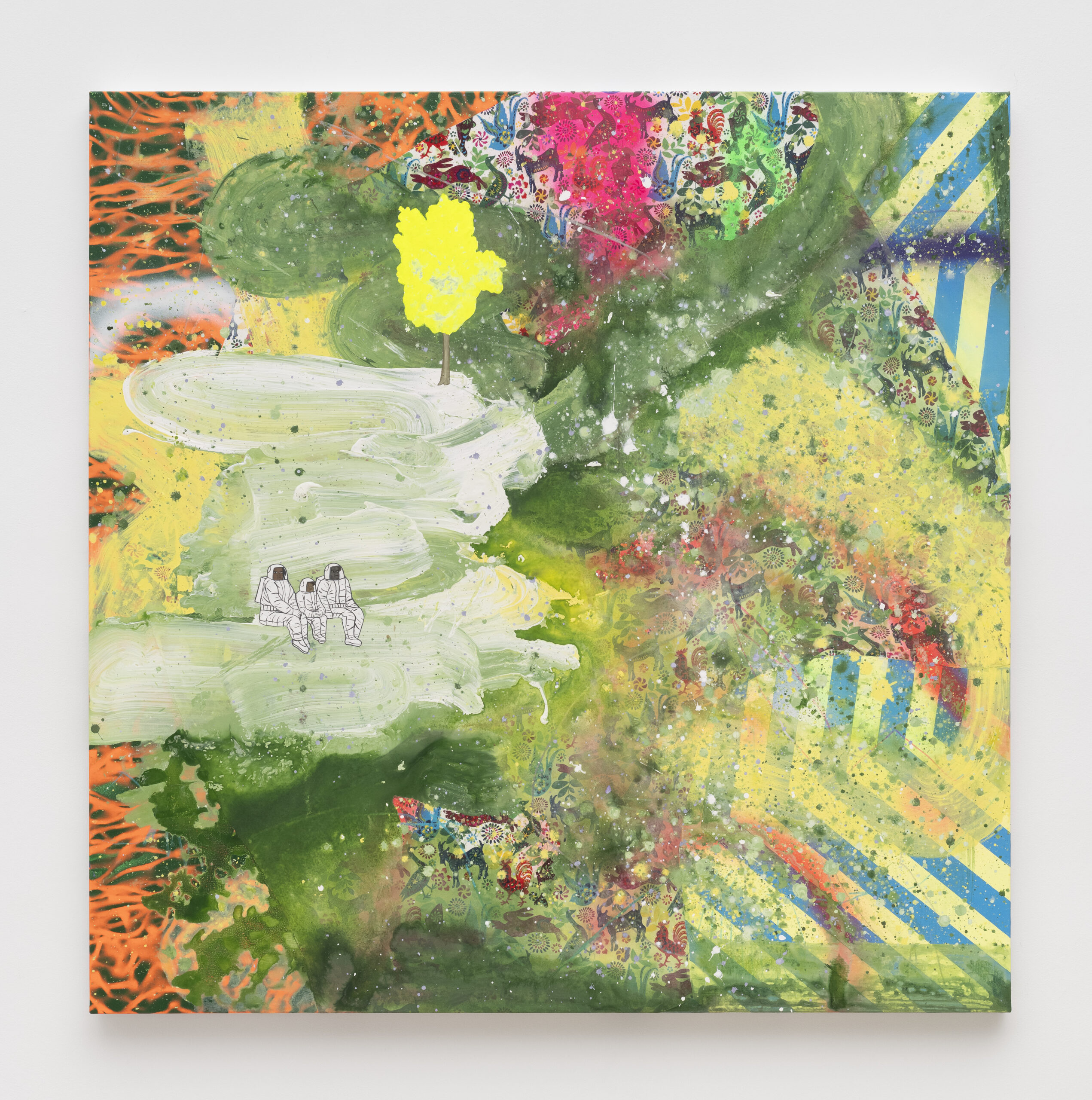 <p>David Huffman<br /><em>Courageous Journey</em>, 2026<br />Acrylic, gouache, fabric, spray paint, color pencil, and photo collage on canvas<br />48 x 48 x 1 1/2 inches / 121.9 x 121.9 x 3.8 cm</p>
