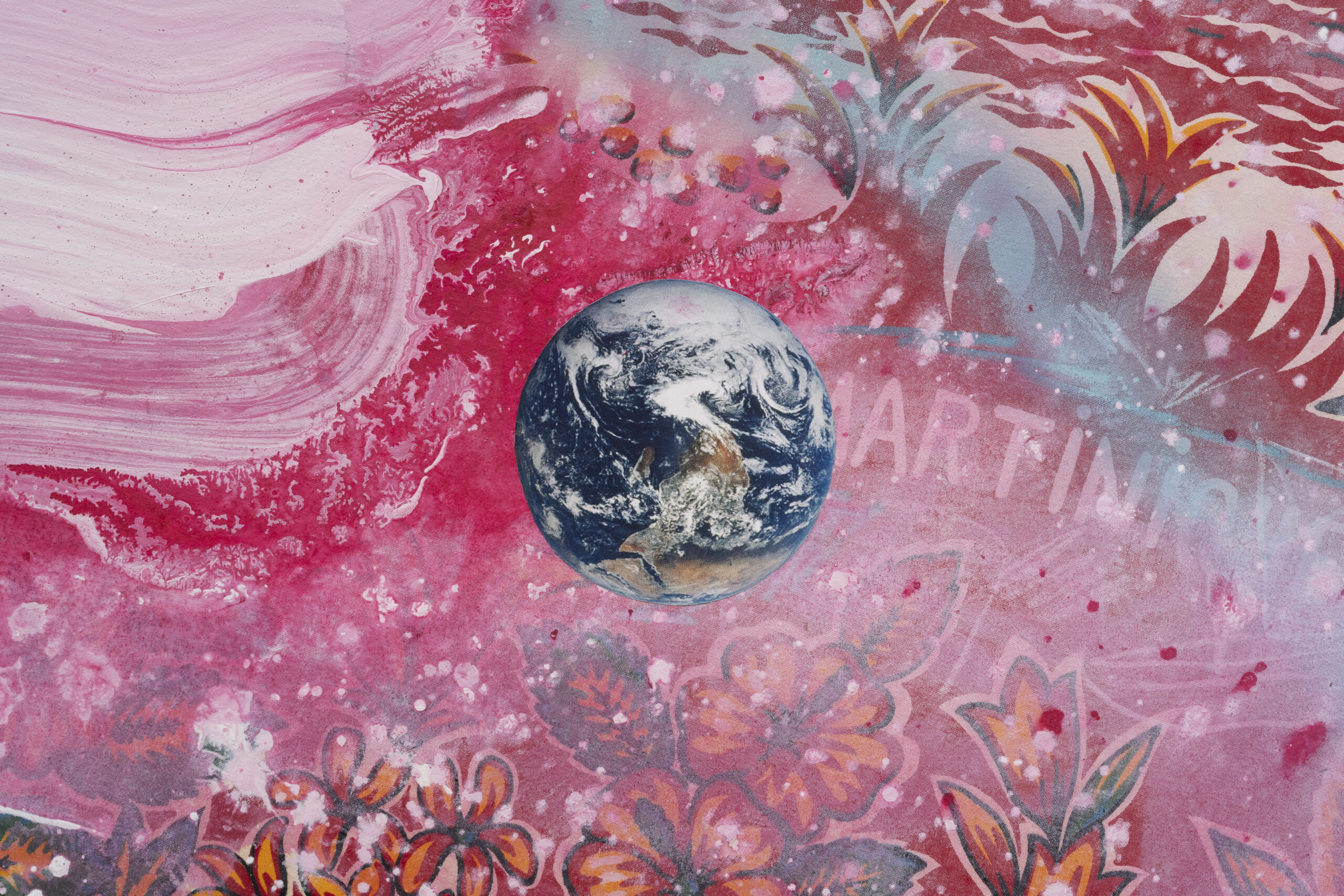 <p>David Huffman<br /><em>Heart and Soul</em>, 2026<br />Acrylic, gouache, fabric, spray paint, color pencil, and photo collage on canvas<br />Detail view</p>
