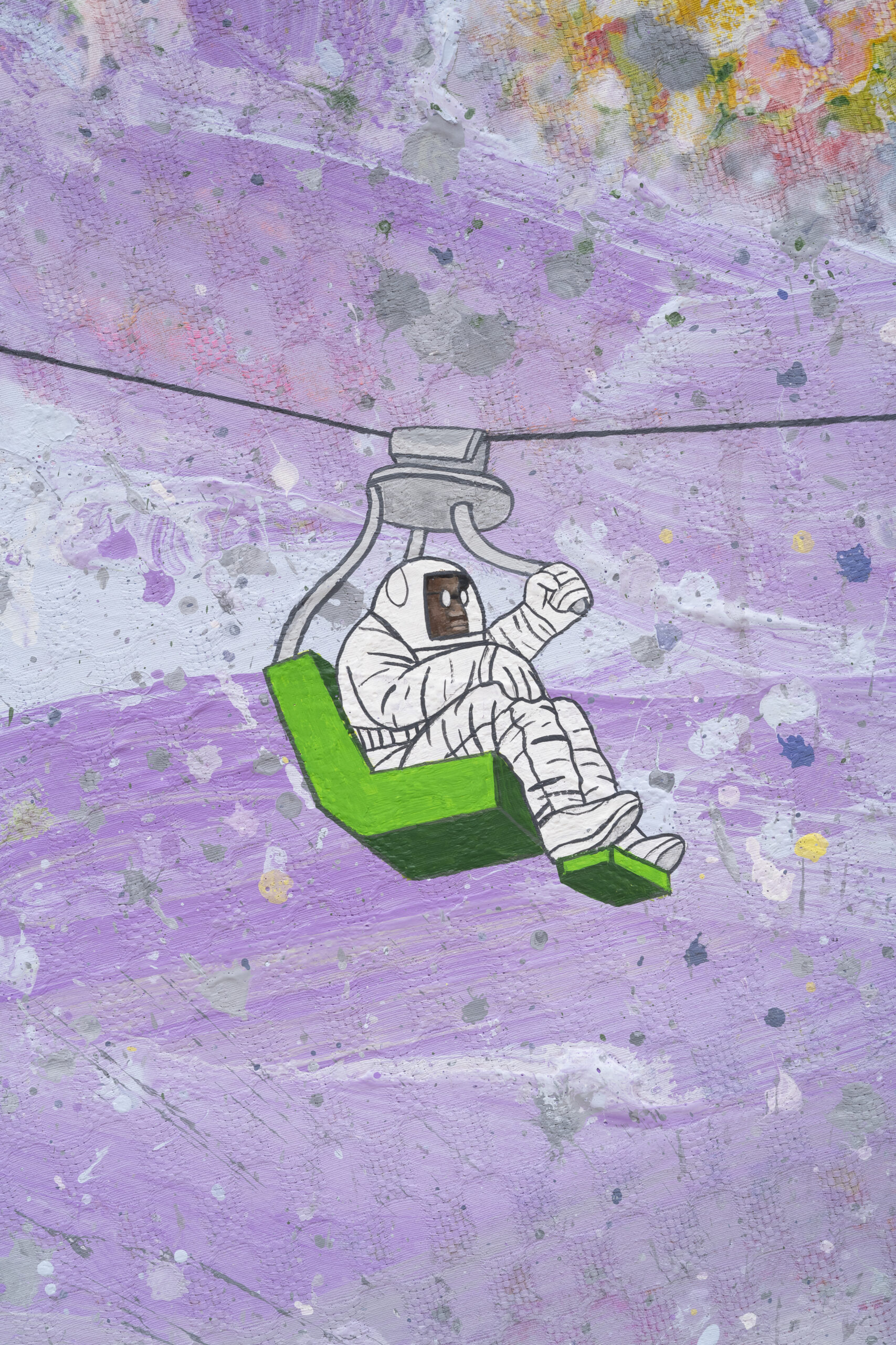 <p>David Huffman<br /><em>Interwoven</em>, 2026<br />Acrylic, gouache, fabric, spray paint, color pencil, and photo collage on canvas<br />Detail view</p>
