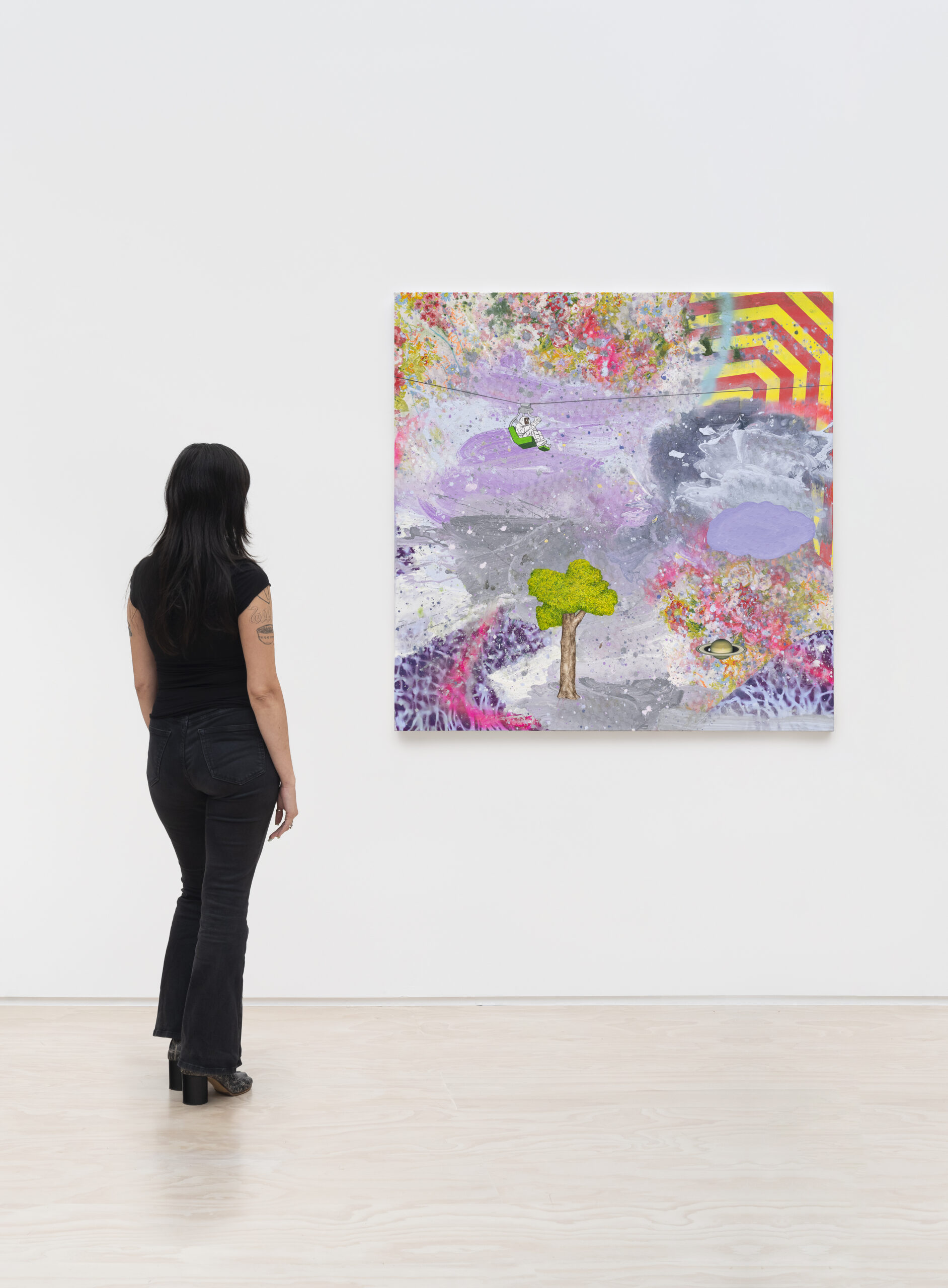 <p>David Huffman<br /><em>Interwoven</em>, 2026<br />Acrylic, gouache, fabric, spray paint, color pencil, and photo collage on canvas<br />48 x 48 x 1 1/2 inches / 121.9 x 121.9 x 3.8 cm<br />Scale view</p>
