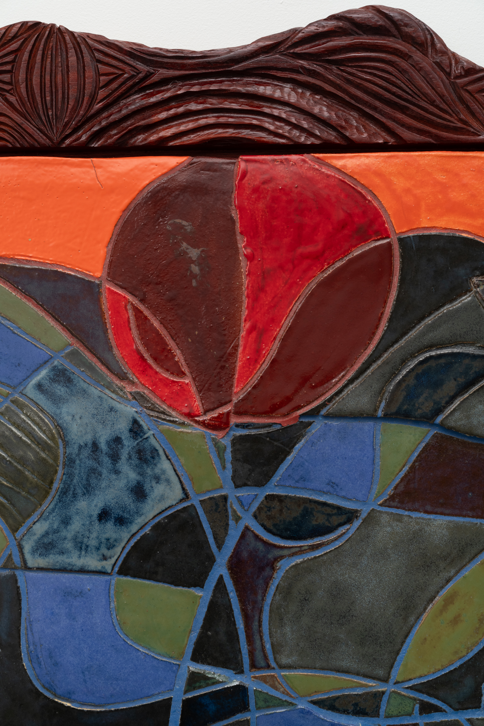 <p>Woody De Othello<br /><em>Changes in the air,</em> 2025<br />Glazed ceramic with padauk frame<br />Detail view</p>
