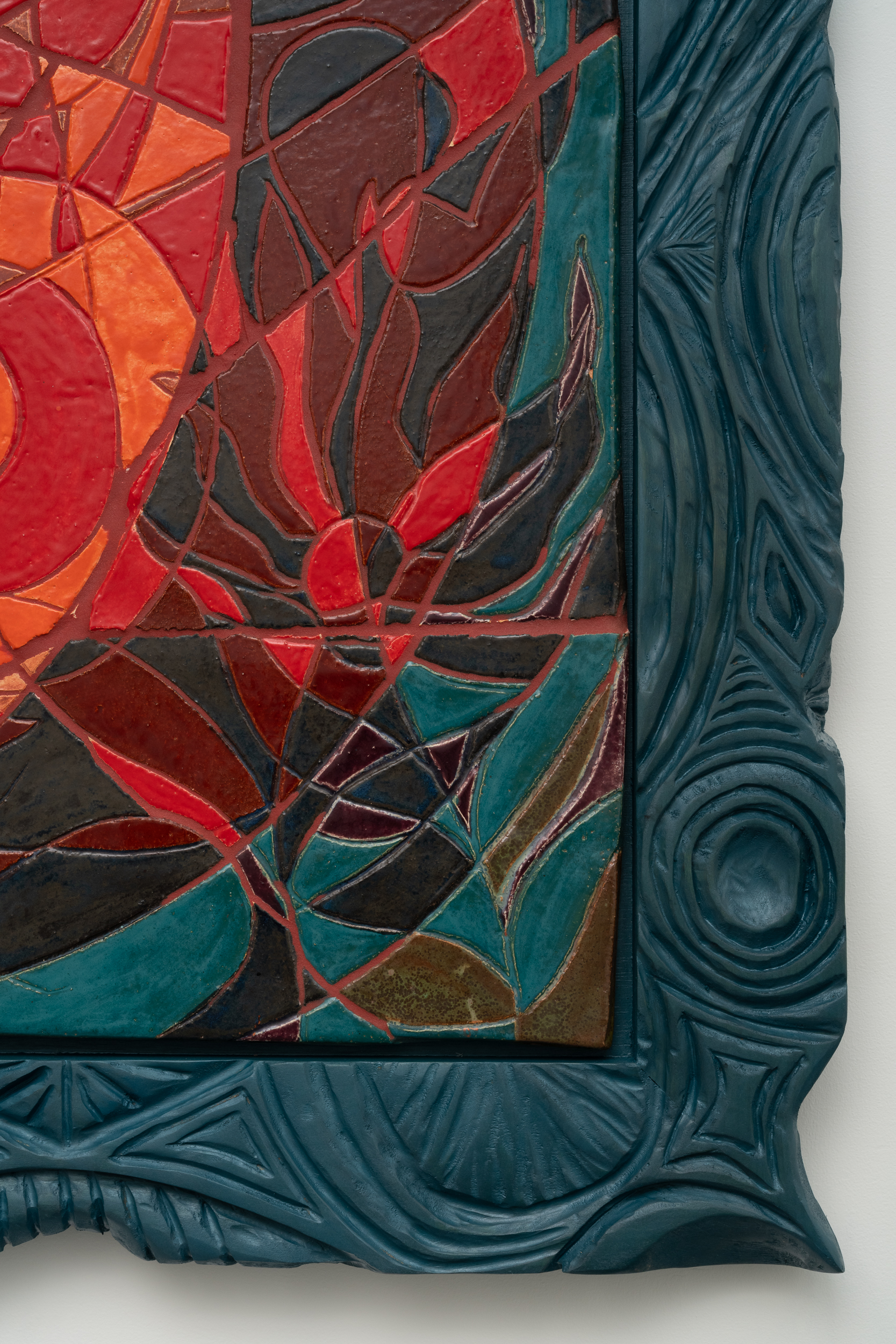<p>Woody De Othello<br /><em>sun at midnight,</em> 2025<br />Glazed ceramic with stained alder frame<br />Detail view</p>
