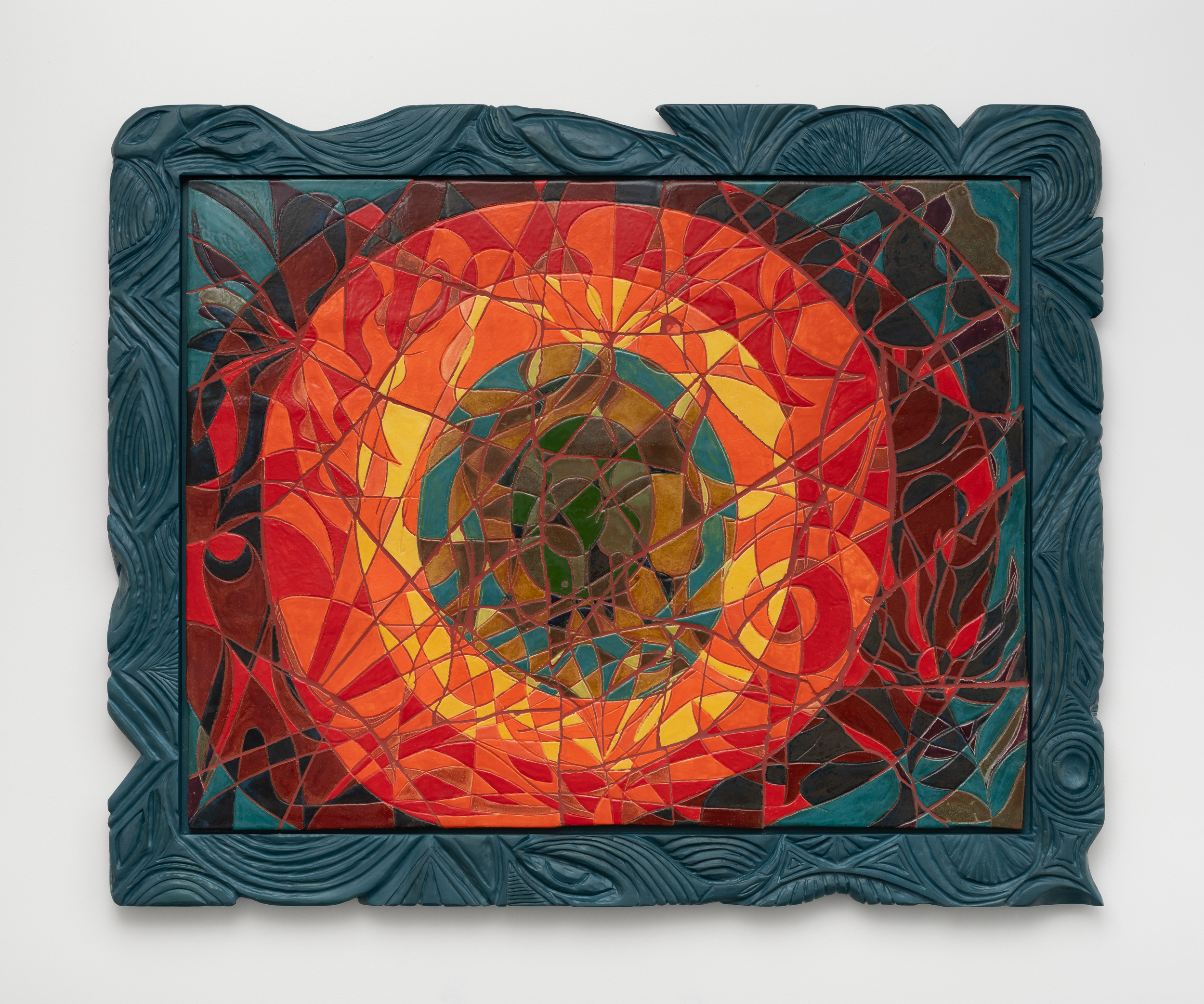 <p>Woody De Othello<br /><em>sun at midnight,</em> 2025<br />Glazed ceramic with stained alder frame<br />54 x 66 x 2 1/2 inches / 137.2 x 167.6 x 6.3 cm</p>
