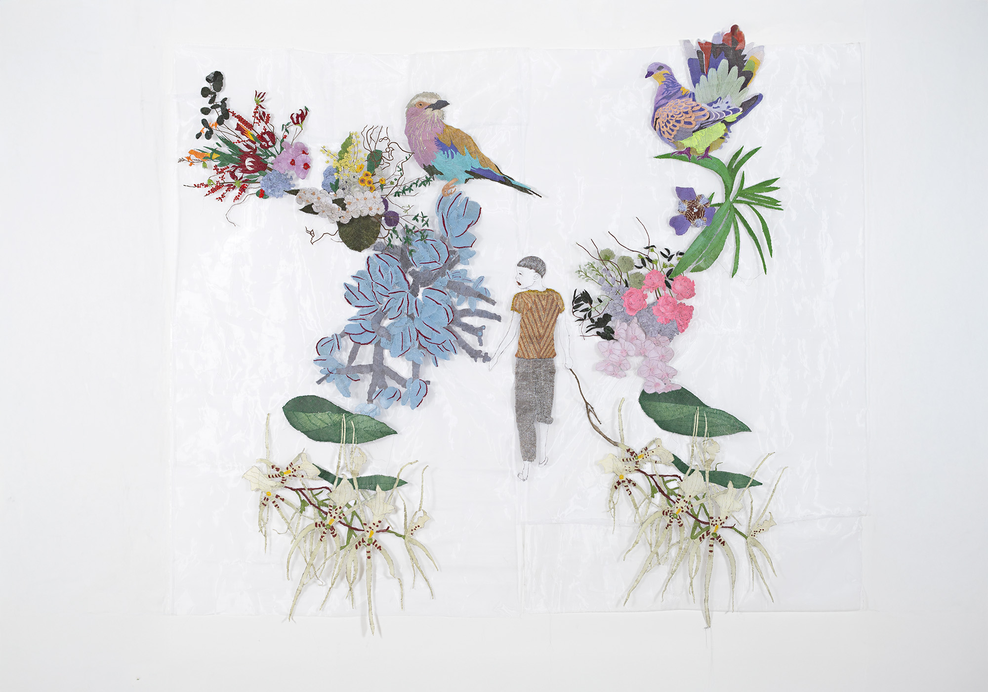 Ana Silva<br><em>Silent Anchors 001-002</em>, 2026<br>Embroidery on crinoline fabric with glitter, natural pigments, and acrylic<br>93 1/4 x 118 1/8 inches / 237 x 300 cm