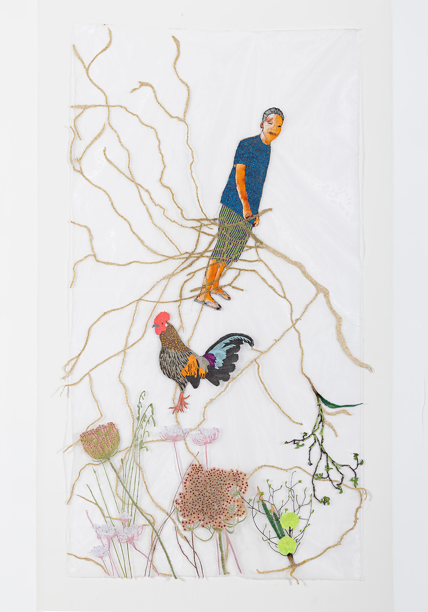 Ana Silva<br><em>Silent Anchors 003</em>, 2026<br>Embroidery on crinoline fabric with glitter, natural pigments, and acrylic<br>108 1/4 x 59 inches / 275 x 150 cm