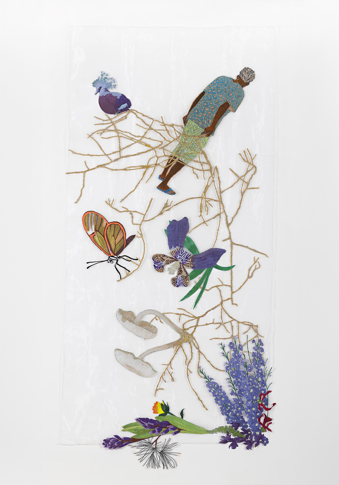 Ana Silva<br><em>Silent Anchors 004</em>, 2026<br>Embroidery on crinoline fabric with glitter, natural pigments, and acrylic<br>116 1/8 x 59 inches / 295 x 150 cm