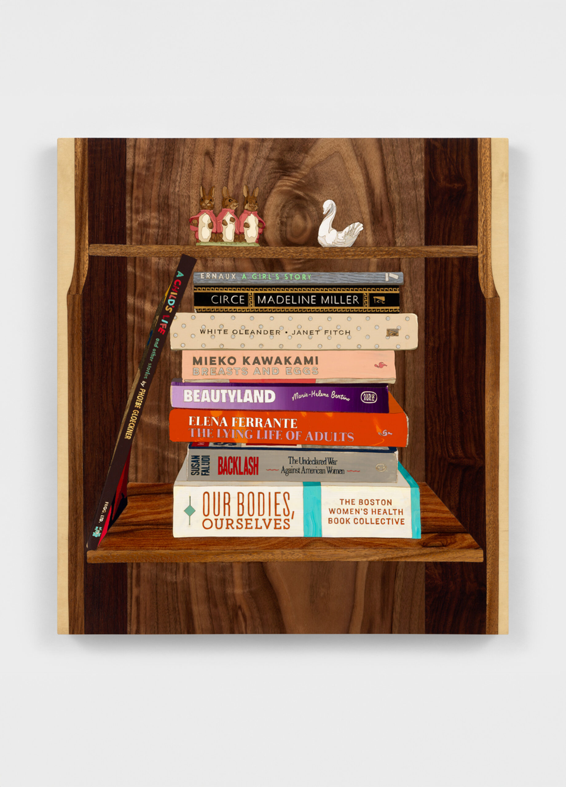 Alison Elizabeth Taylor<br><em>A Library of Fatherly Wisdom</em>, 2026<br>Wood veneer, shellac, and acrylic on panel<br>21 1/2 x 19 3/4 x 1 3/4 inches / 54.6 x 50.2 x 4.4 cm