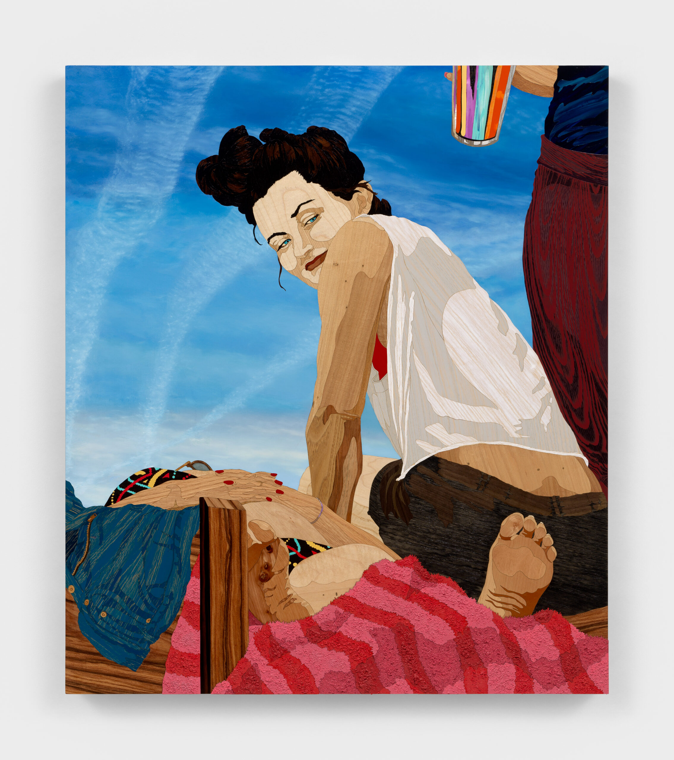 Alison Elizabeth Taylor<br><em>Always an Angel, Never a God</em>, 2024<br>Wood veneer, shellac, acrylic, oil paint, and sawdust on panel<br>42 x 36 3/8 x 1 3/4 inches / 106.7 x 92.4 x 4.4 cm