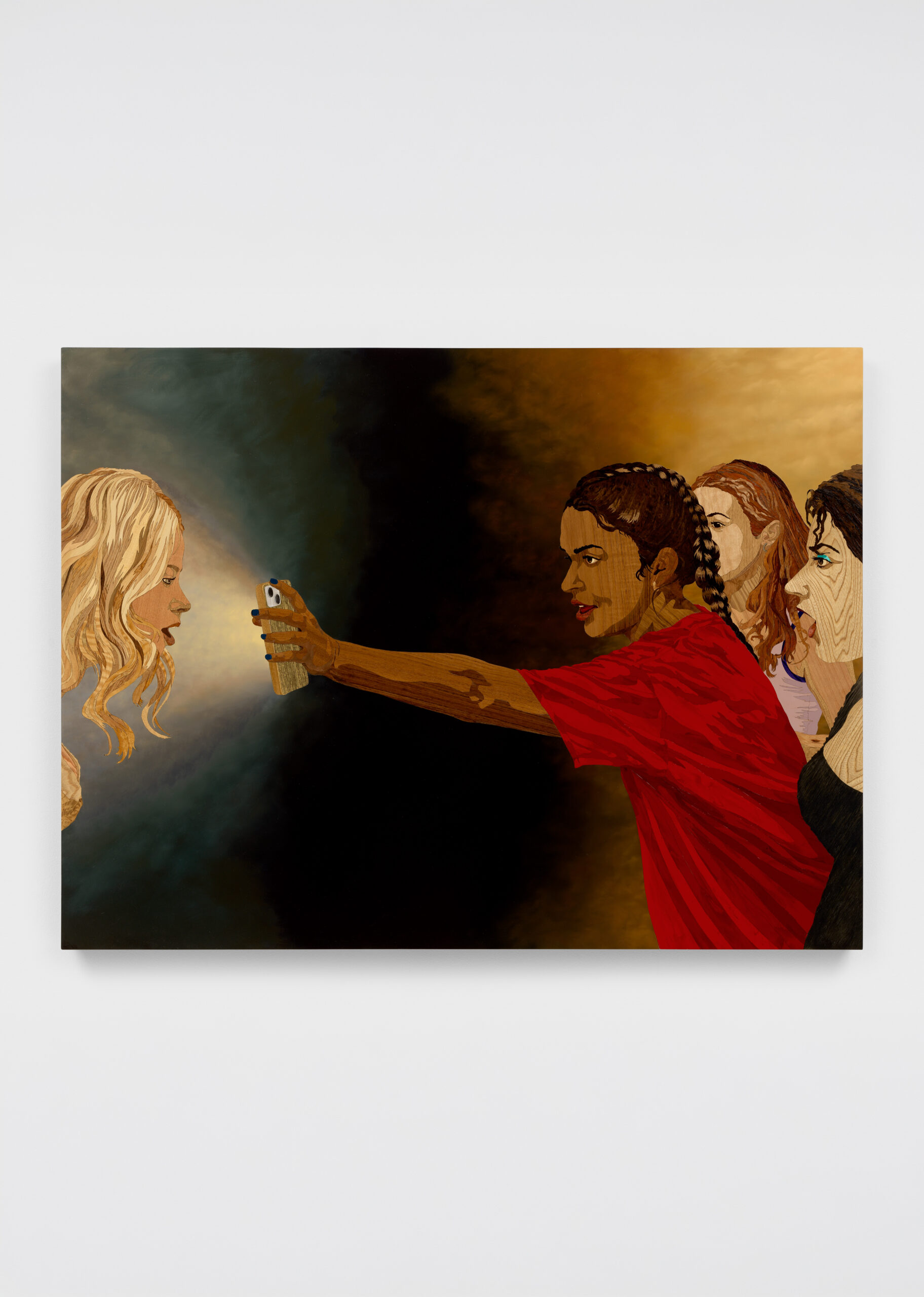 Alison Elizabeth Taylor<br><em>OMG</em>, 2026<br>Wood veneer, shellac, acrylic, and oil paint on panel<br>41 x 54 1/4 x 1 3/4 inches / 104.1 x 137.8 x 4.4 cm