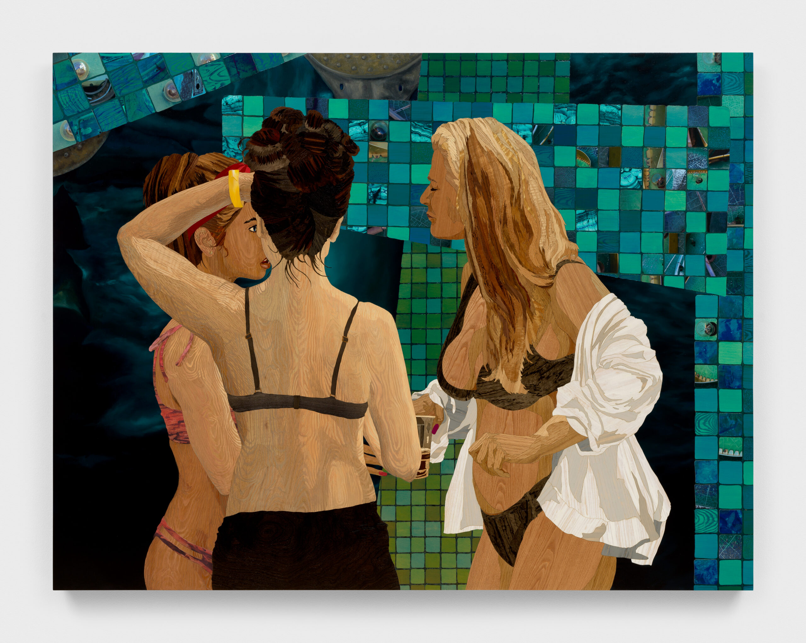 Alison Elizabeth Taylor<br><em>The Merry Wives</em>, 2025<br>Wood veneer, shellac, oil paint, acrylic, and pigment print on panel<br>46 3/8 x 60 1/2 x 2 inches / 117.8 x 153.7 x 5.1 cm