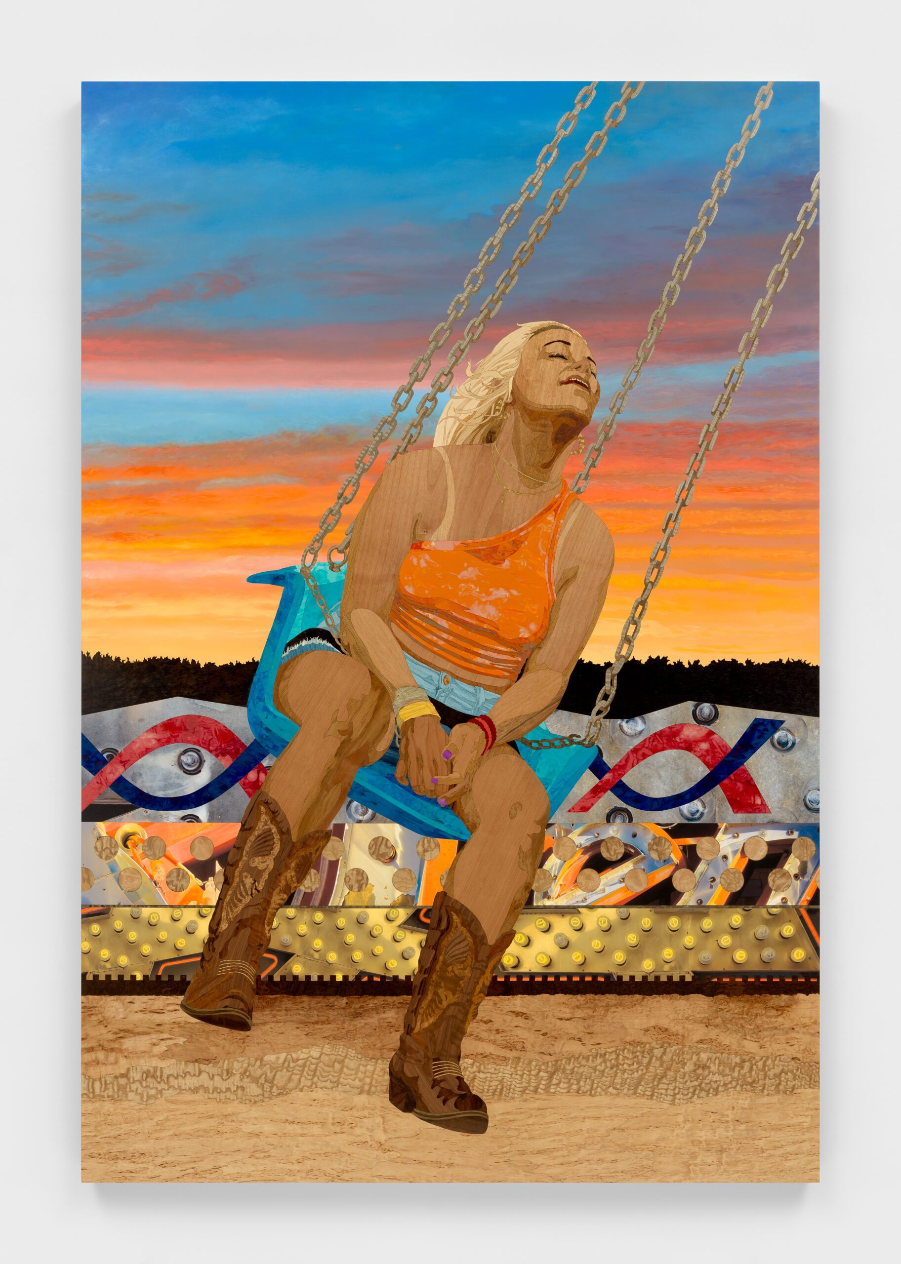 Alison Elizabeth Taylor<br><em>The Swing</em>, 2026<br>Wood veneer, acrylic, oil paint, and pigment print on panel<br>78 x 53 x 2 inches / 198.1 x 134.6 x 5.1 cm