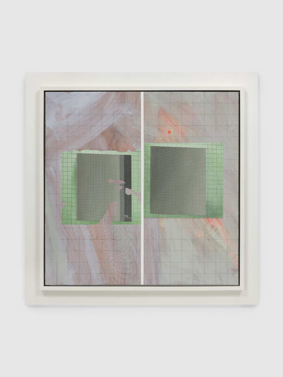 Julian Hoeber<br><em>Grid Multiplicities (After Caulfield)</em>, 2026<br>Oil, acrylic, Flashe, colored pencil, graphite, and water-based silkscreen ink on linen over panel<br>44 1/8 x 44 1/8 x 2 1/4 inches / 112.1 x 112.1 x 5.7 cm