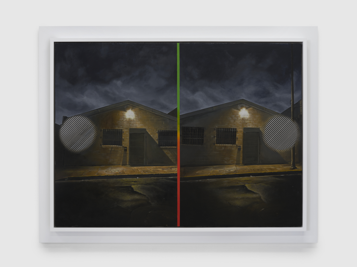 Julian Hoeber<br><em>Night Studio</em>, 2026<br>Oil, Flashe, and acrylic on linen over panel<br>39 3/4 x 50 7/8 x 2 5/8 inches / 101 x 129.2 x 6.7 cm