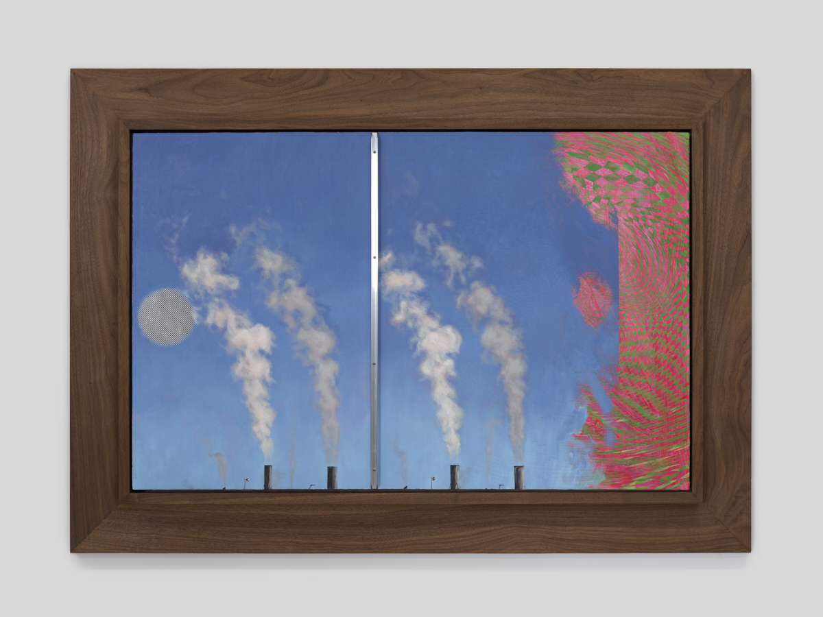 Julian HoebJulian Hoeber<br><em>Two Smokestacks (After Degas)</em>, 2026<br>Oil, acrylic, Flashe, water-based silkscreen ink, aluminum, and hardware on linen over panel<br>37 1/4 x 52 1/4 x 2 1/8 inches / 94.6 x 132.7 x 5.4 cm