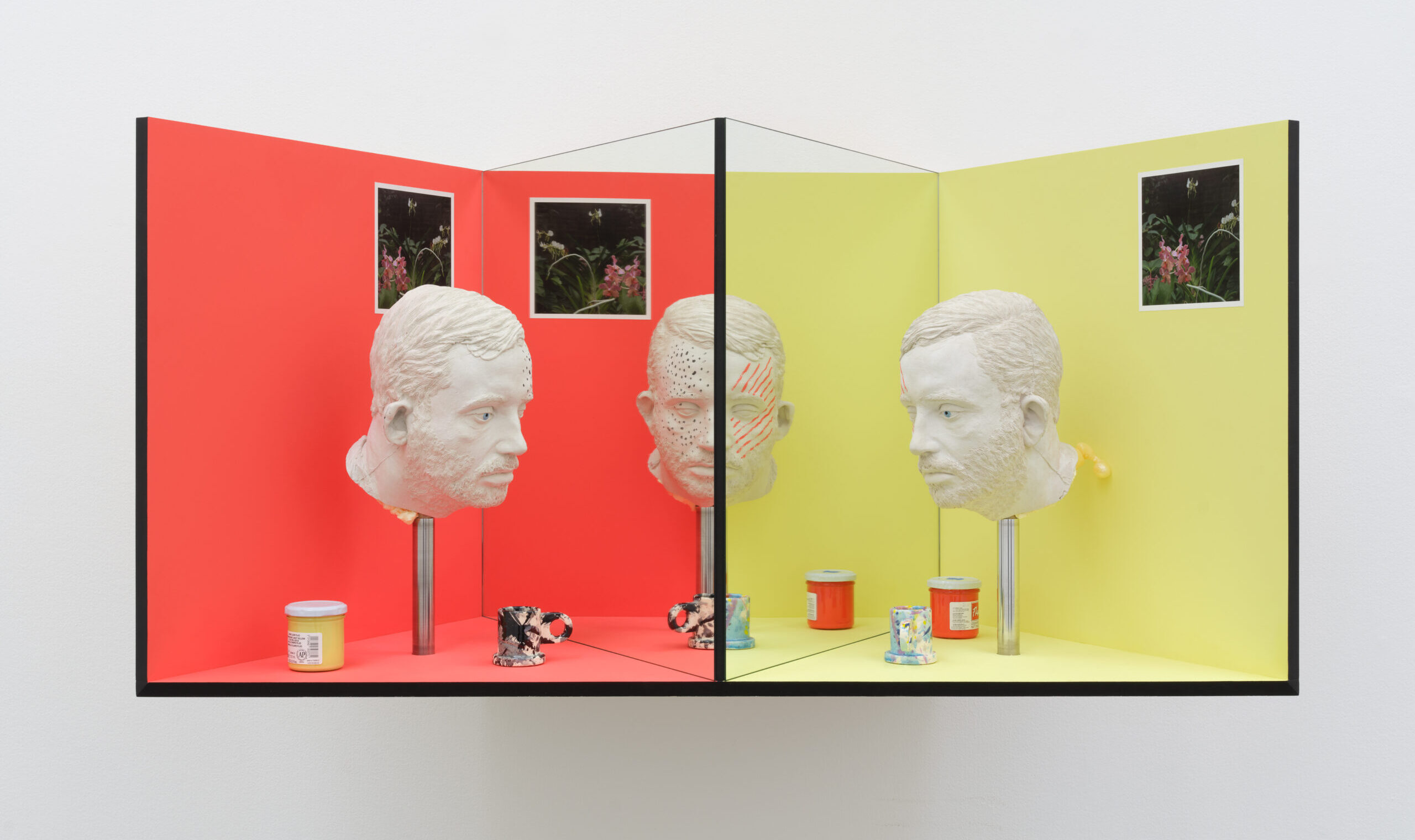 Julian Hoeber<br><em>Ways of Seeing (Binocular Rivalry)</em>, 2023<br>Plywood, aluminum, ultracal, inkjet prints, mirror, vinyl paint, gouache, acrylic, and found objects<br>24 3/4 x 50 x 21 3/4 inches / 62.9 x 127 x 55.2 cm