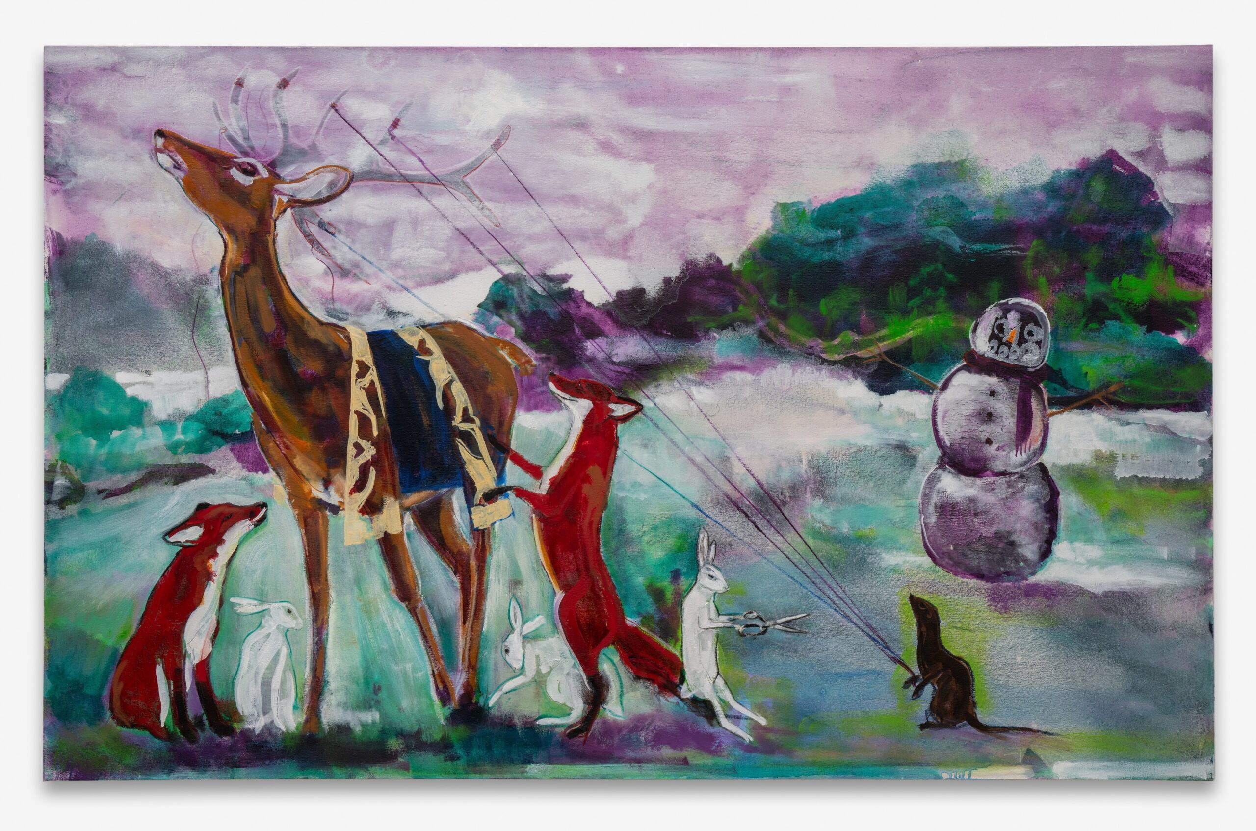 Julie Buffalohead<br><em>Cutting Ties</em>, 2026<br>Oil on canvas<br>41 x 65 x 3 3/8 inches / 104.1 x 165.1 x 8.6 cm