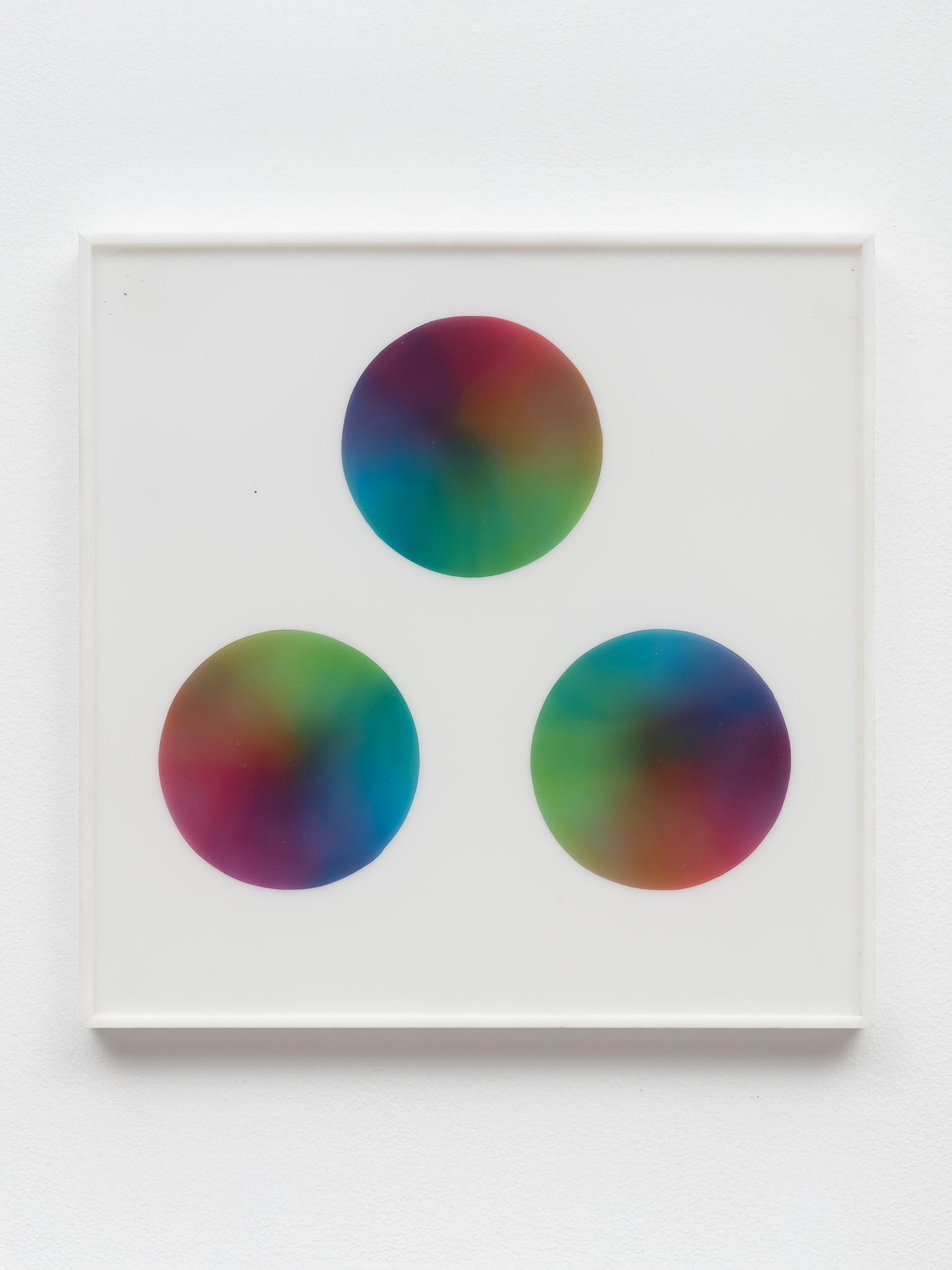 Judy Chicago<br><em>Dark Rainbow Dome Painting</em>, 1968<br>Sprayed acrylic on acrylic<br>15 x 15 x 1 inches / 38.1 x 38.1 x 2.5 cm