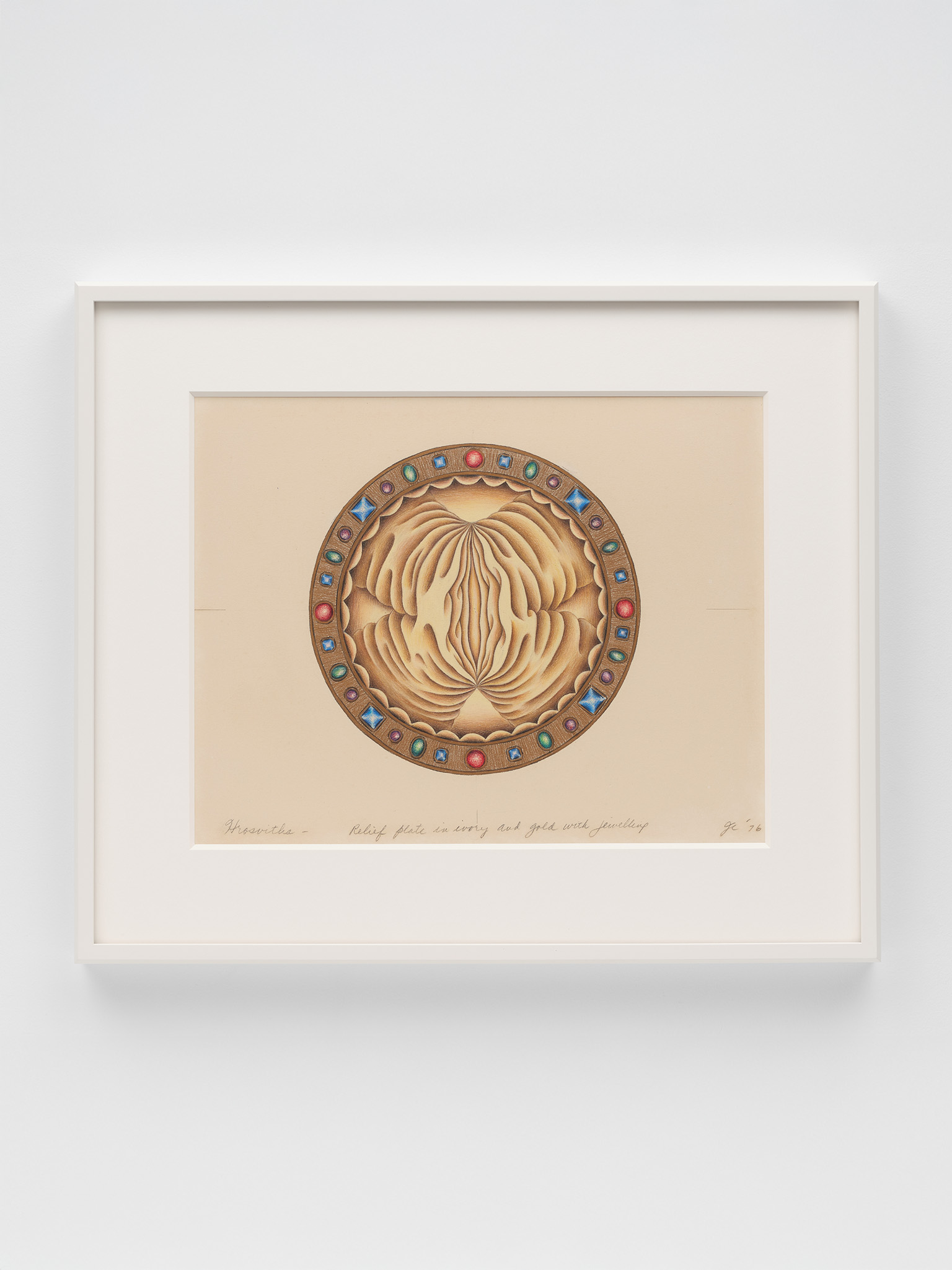 Judy Chicago<br><em>Study for Hrosvitha Plate</em>, 1976<br>Prismacolor on paper<br>16 5/8 x 19 5/8 x 1 1/2 inches / 42.2 x 49.8 x 3.8 cm