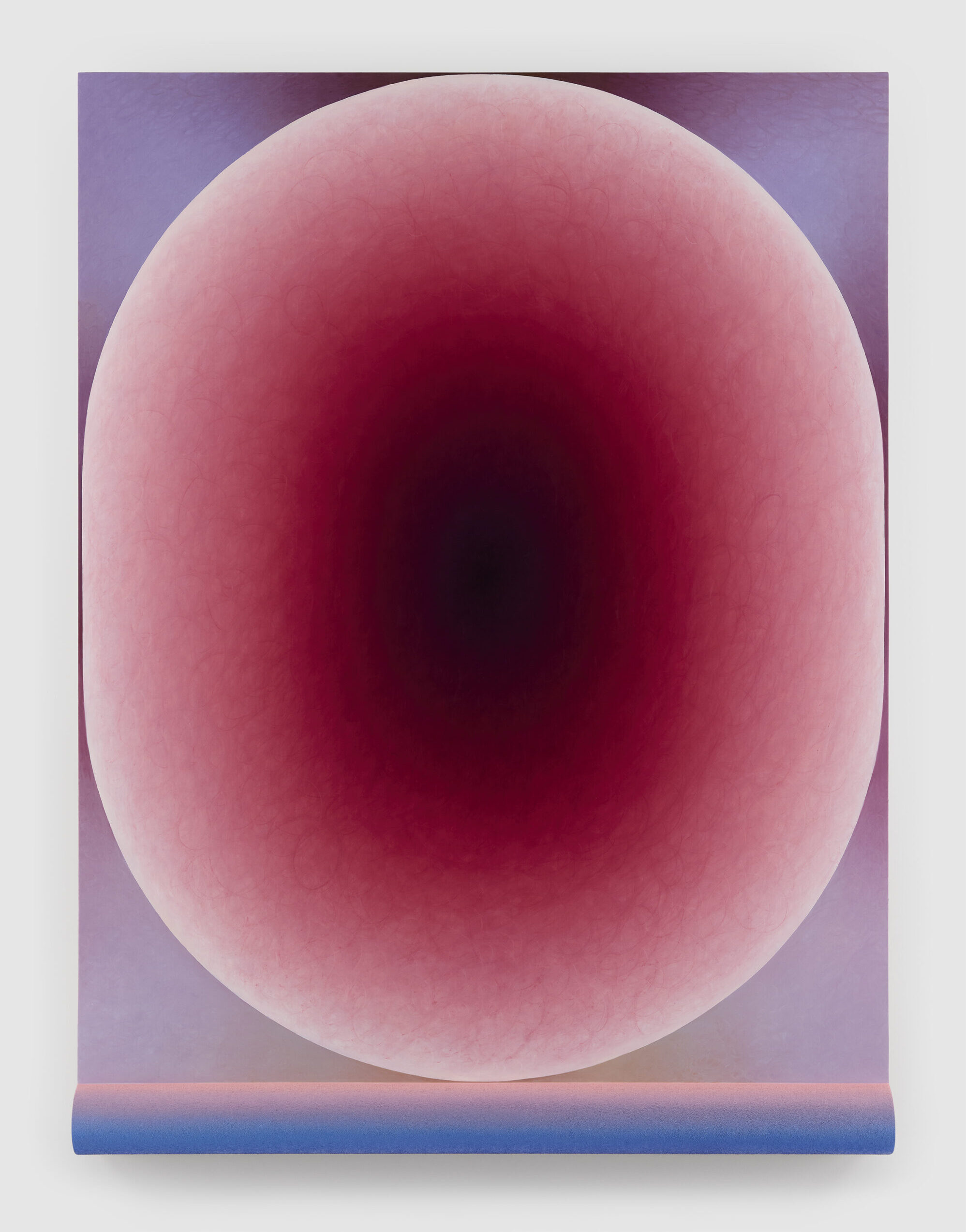 Loie Hollowell<br><em>Quinacridone red brain above pink-blue water</em>, 2026<br>Oil, acrylic medium, and high-density foam on linen over panel<br>48 x 36 x 3 1/2 inches / 121.9 x 91.4 x 8.9 cm