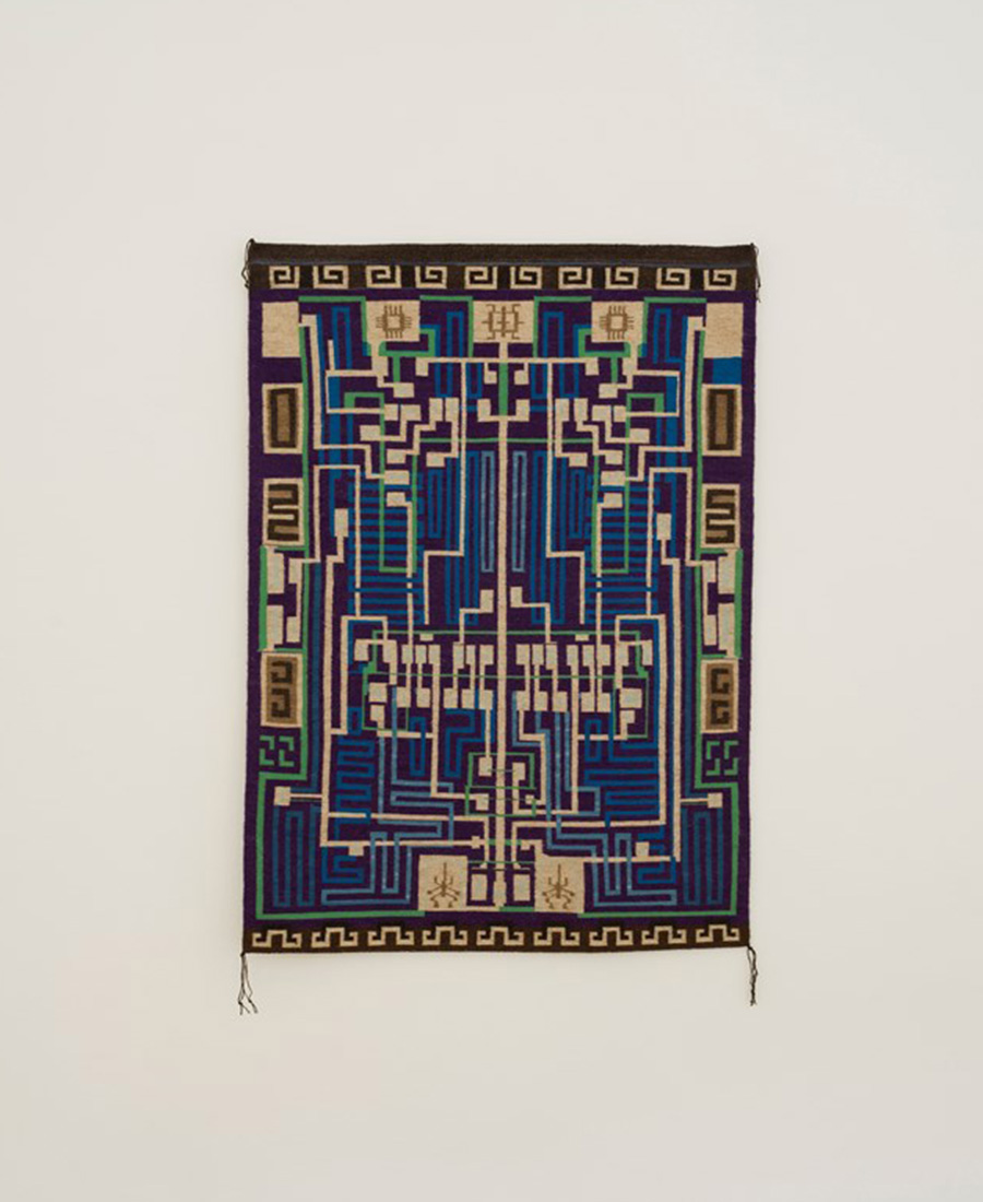 <p>Marilou Schultz<br /><i>Integrated Circuit Chip & AI Diné Weaving</i>, 2024<br /> Aniline-dyed yarns, indigo, and natural Churro wool<br /> 62 x 45 inches / 157.5 x 114.3 cm</p>
