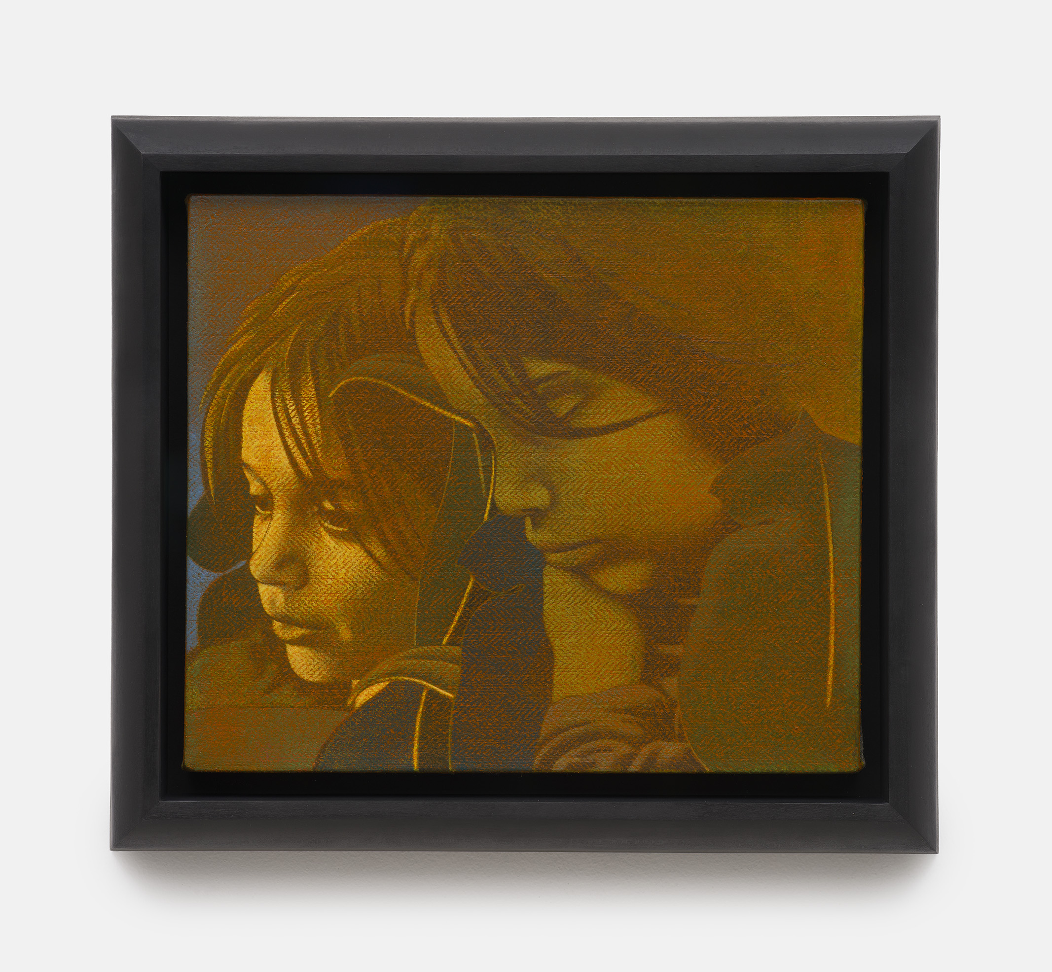 Oliver Osborne<br><em>Alfie (with The Sleeping Guard and Leaves)</em>, 2026<br>Oil and acrylic on herringbone linen<br>15 3/8 x 17 3/8 x 2 3/8 inches / 39 x 44 x 6 cm