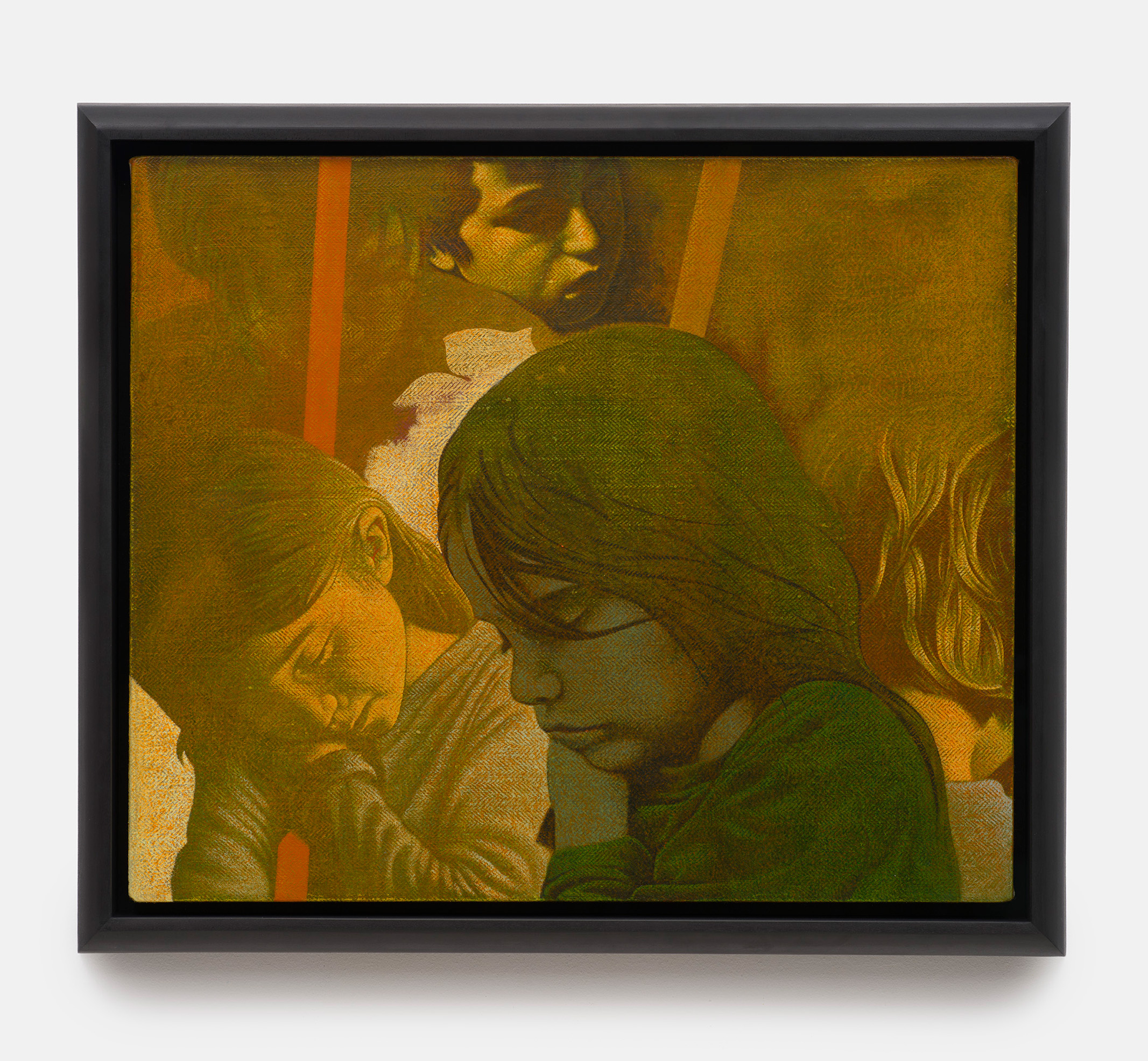 Oliver Osborne<br><em>Alfie (with The Sleeping Guard and Leaves)</em>, 2026<br>Oil and acrylic on herringbone linen<br>15 3/8 x 17 3/8 x 2 3/8 inches / 39 x 44 x 6 cm