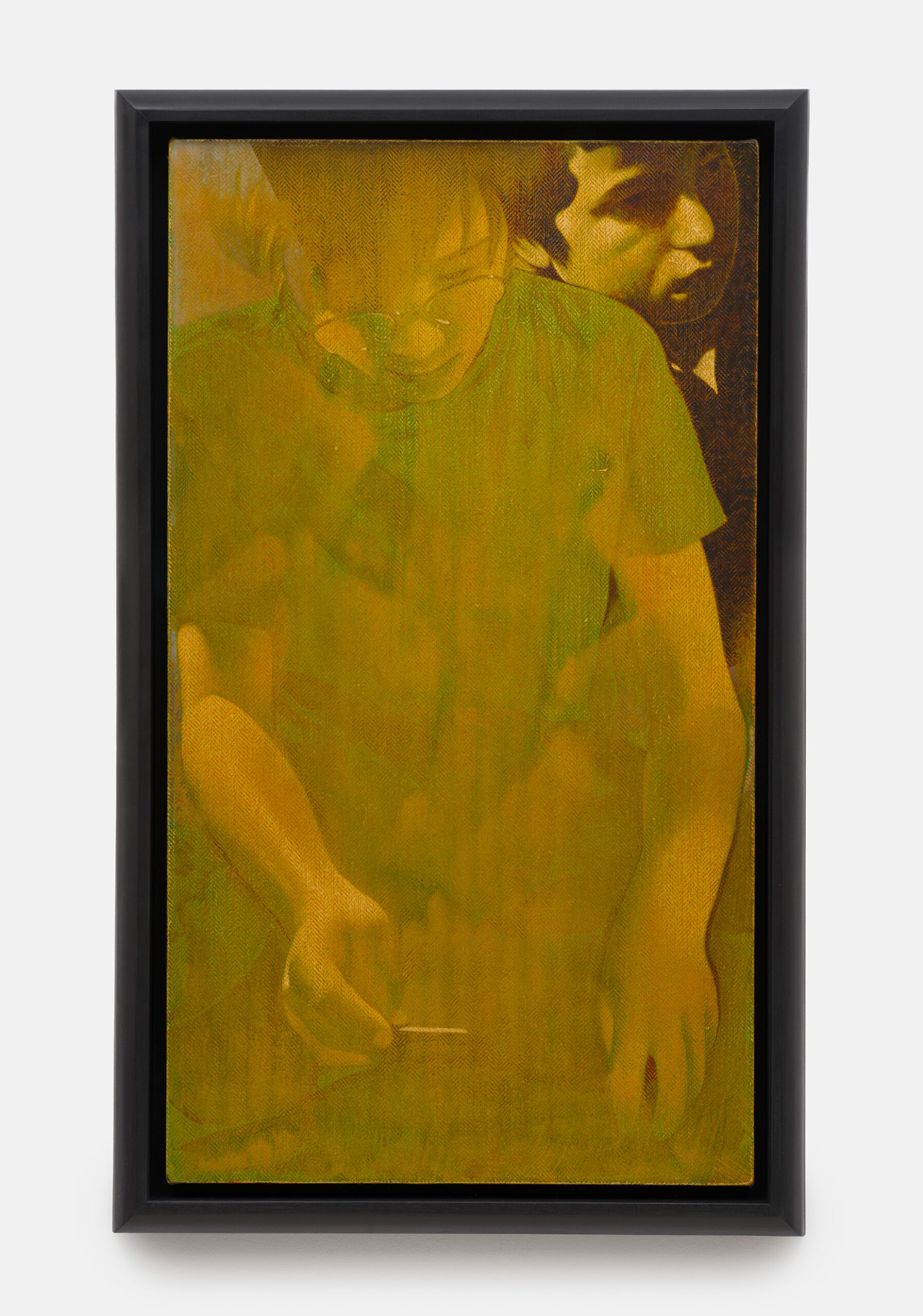 Oliver Osborne<br><em>The Card Players</em>, 2026<br>Oil and acrylic on herringbone linen<br>35 x 21 1/4 x 2 3/8 inches / 89 x 54 x 6 cm