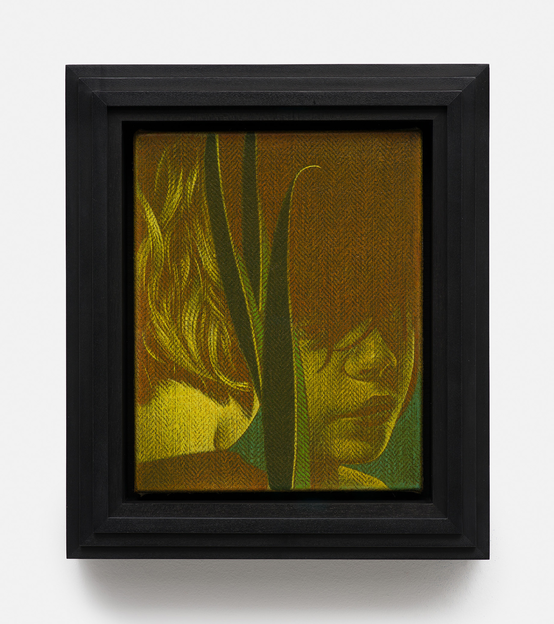 Oliver Osborne<br><em>Kit, Alfie, Leaves</em>, 2025<br>Oil and acrylic on herringbone linen<br>13 3/8 x 11 3/8 x 2 3/8 inches / 34 x 28.9 x 6 cm