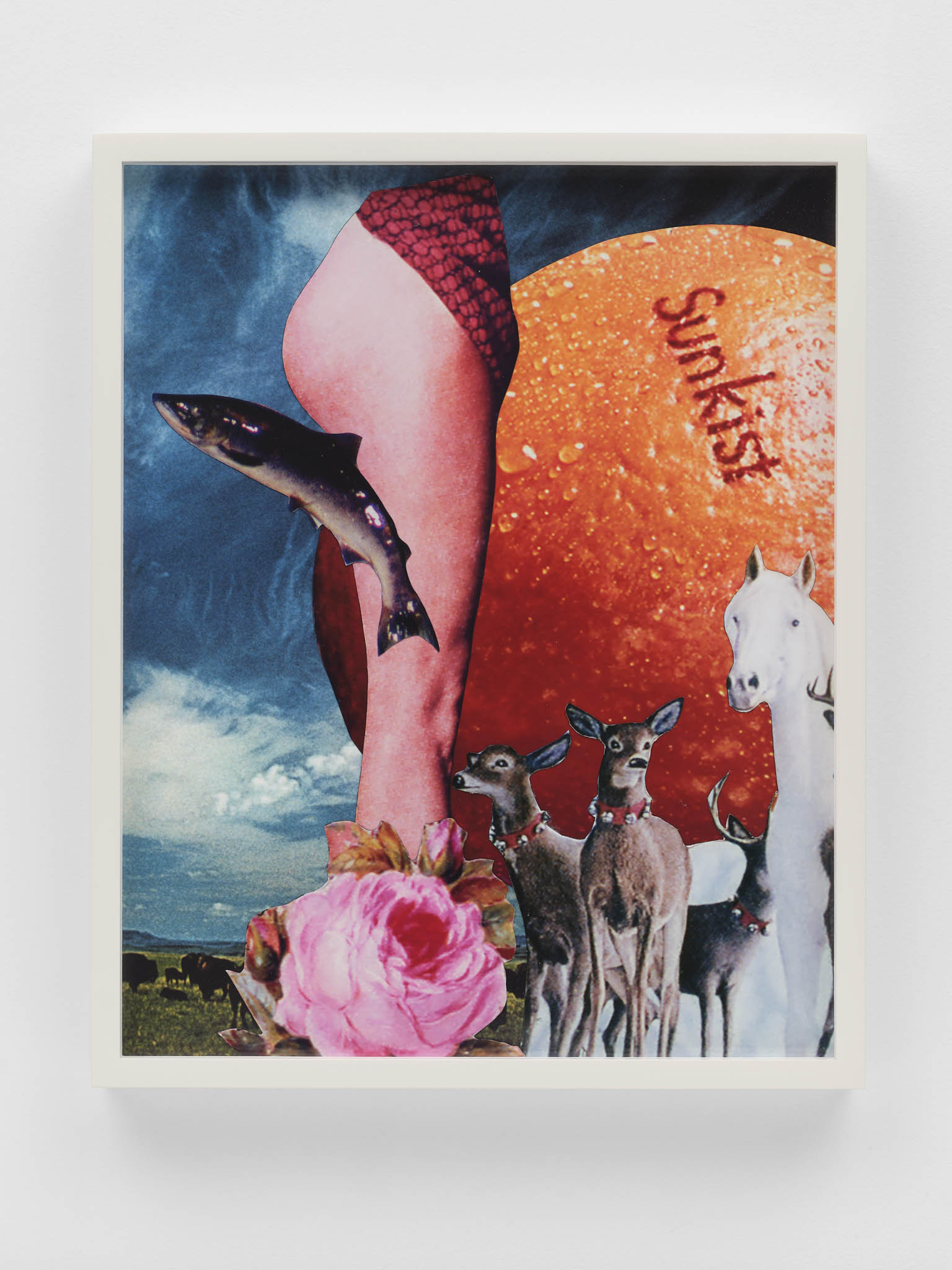 Trevor Paglen<br><em>bare skin globe silver cervids blossom sky (Gondola Wish, color_3634223)</em>, 2026<br>Collage<br> 16 3/8 x 13 1/4 x 1 1/2 inches / 41.6 x 33.7 x 3.8 cm