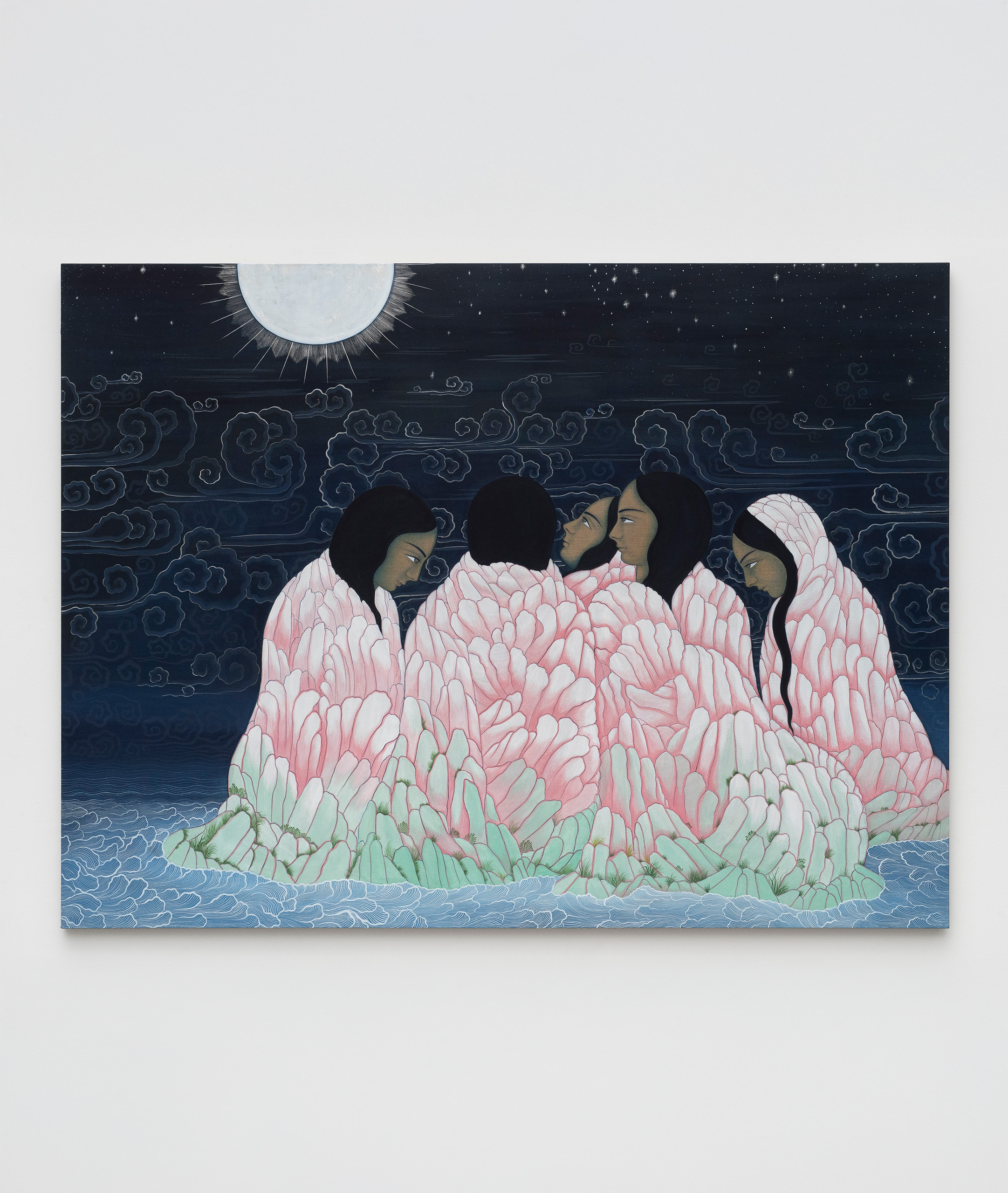 Rupy C. Tut<br><em>Gathering in the Night</em>, 2026<br>Handmade pigments and shell silver on linen<br>60 x 80 x 1 1/2 inches / 152.4 x 203.2 x 3.8 cm