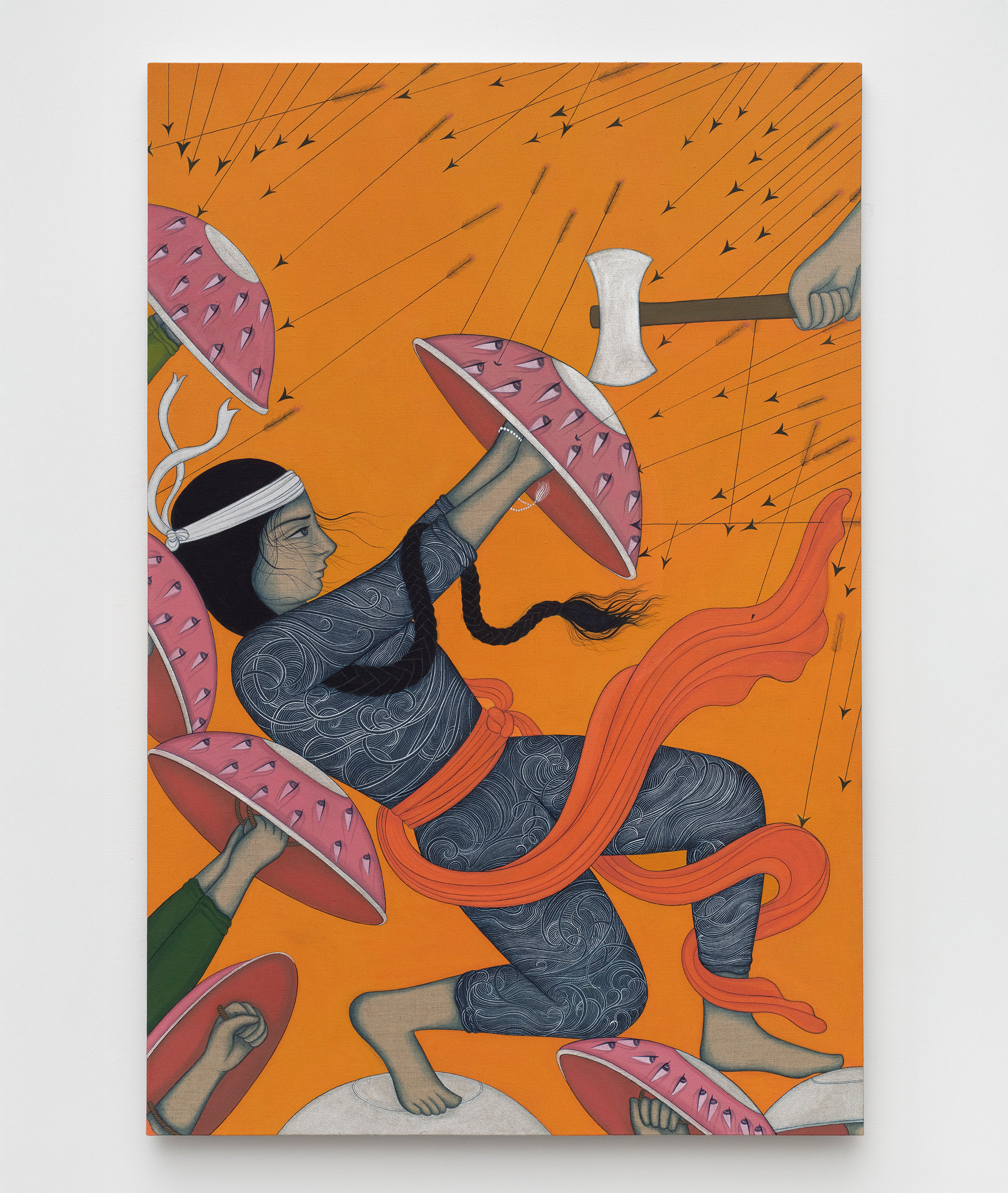 Rupy C. Tut<br><em>Shields Up!</em>, 2026<br>Handmade pigments on linen<br>60 x 40 x 1 1/4 inches / 152.4 x 101.6 x 3.2 cm