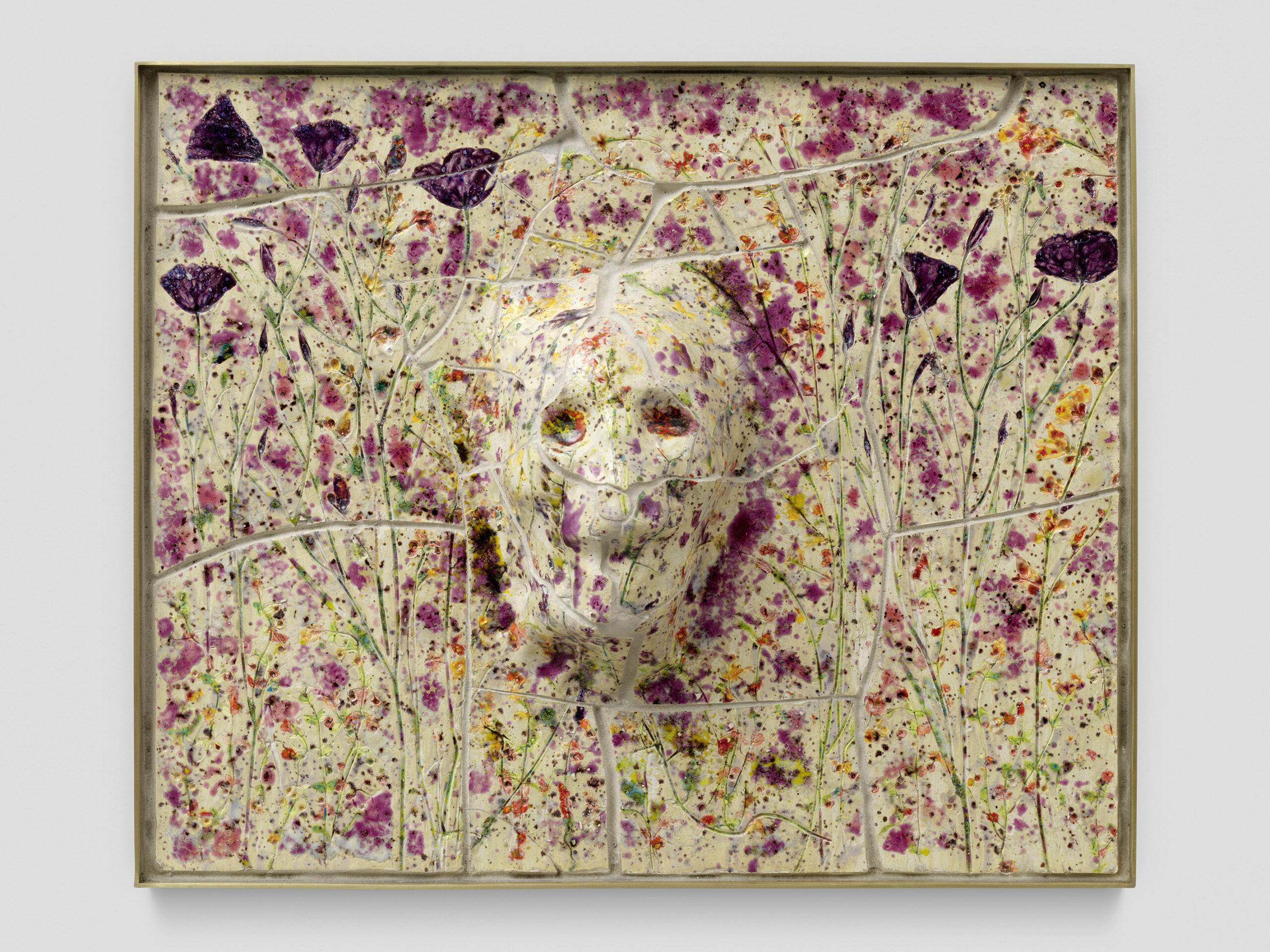 Sam Falls<br><em>Superbloom Skull</em>, 2023<br>Glazed ceramic with glass in brass frame<br>21 5/8 x 26 x 5 7/8 inches / 55 x 66 x 15 cm