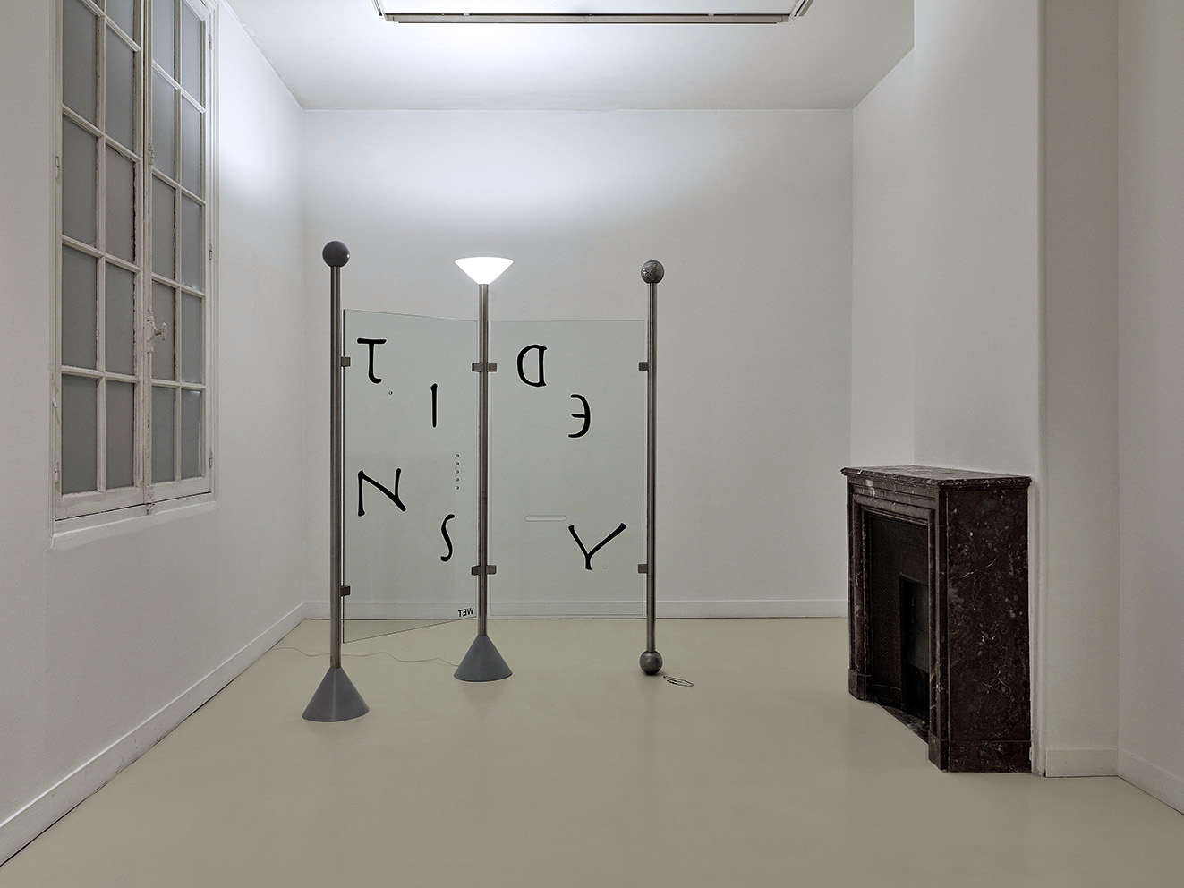 Julie Bena<br><em>Destiny</em>, 2015<br>Stainless steel, glass, vinyl<br>71 5/8 x 82 5/8 inches / 182 x 210 cm