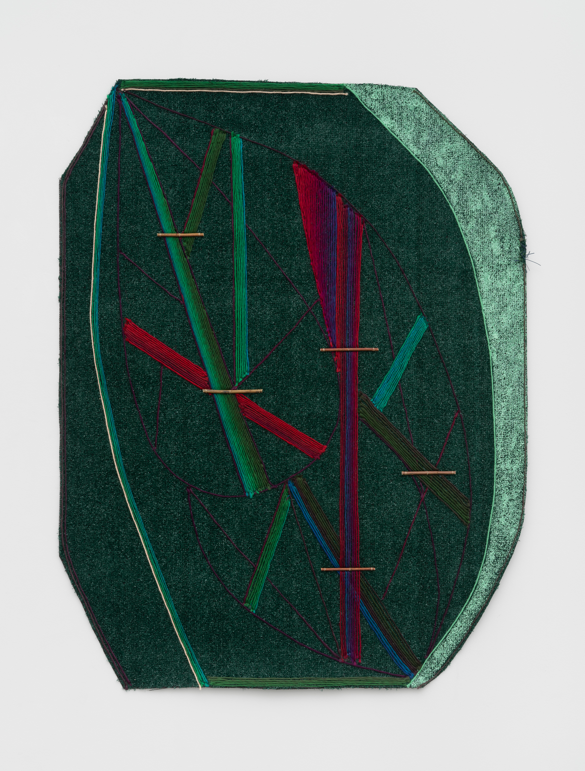Teresa Baker<br><em>The Clock Sings</em>, 2026<br>Acrylic, willow, artificial sinew, and yarn on artificial turf<br>48 x 37 inches / 121.9 x 94 cm