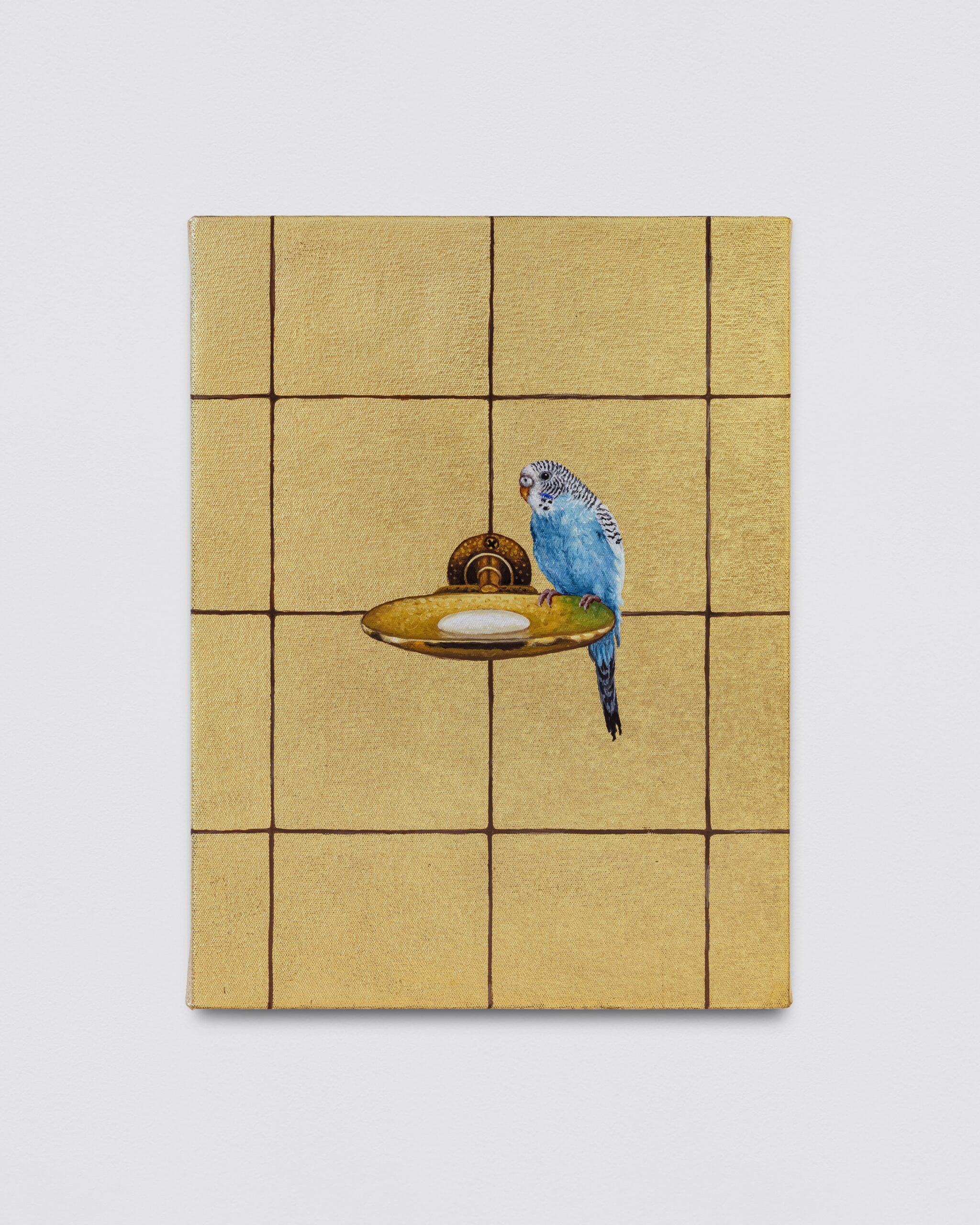 Ana Elisa Egreja<br><em>Golden Soap Dish with a Budgie [Saboneteira Dourada com Periquito Australiano]</em>, 2026<br>Oil and 24 karat gold leaf on canvas<br>15 3/4 x 11 3/4 inches / 40 x 30 cm