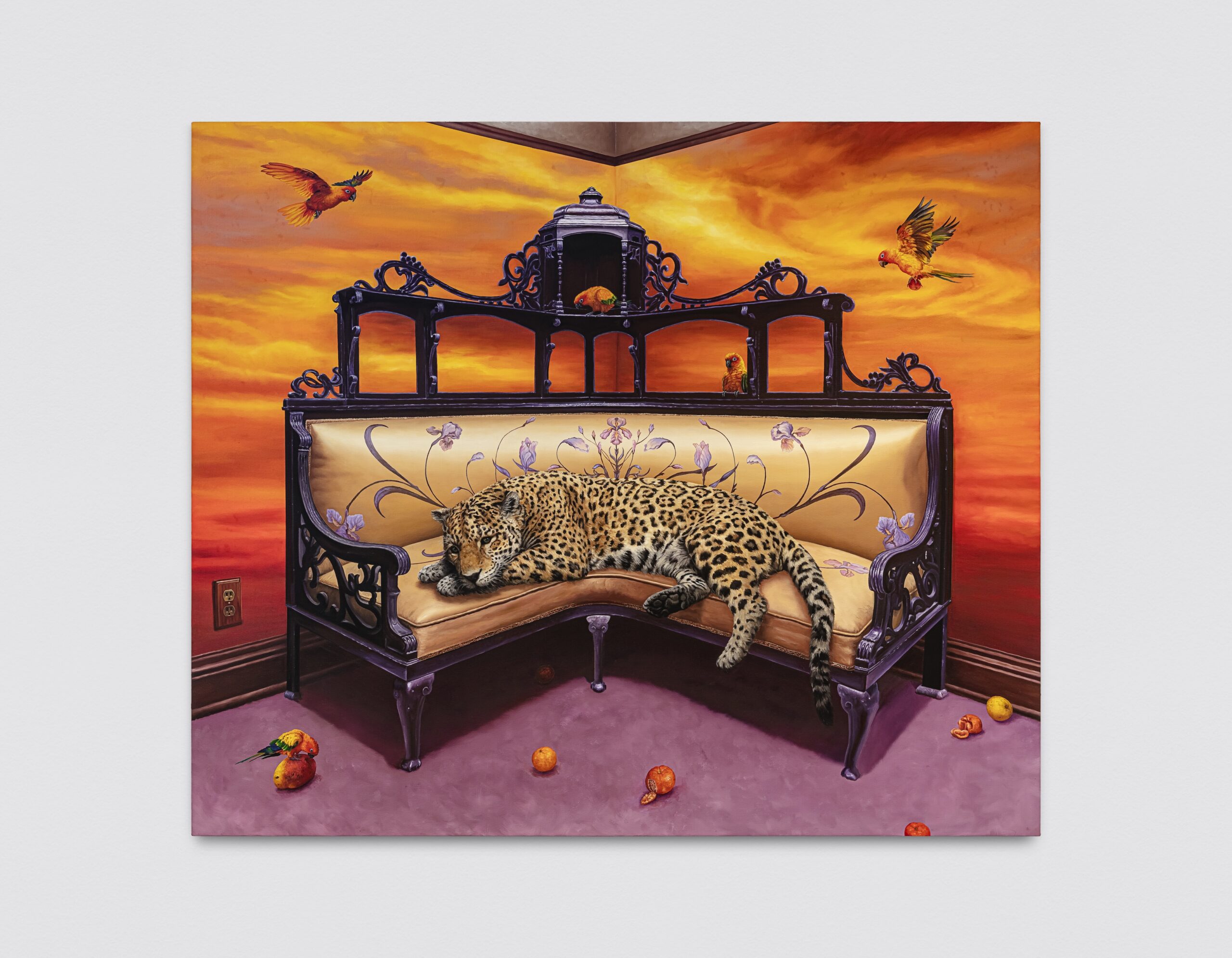 Ana Elisa Egreja<br><em>Interior with a Jaguar and Sun Conure [Interior com Onça-Pintada e Jandaias-Sol]</em>, 2026<br>Oil on canvas<br>63 x 74 3/4 inches / 160 x 190 cm