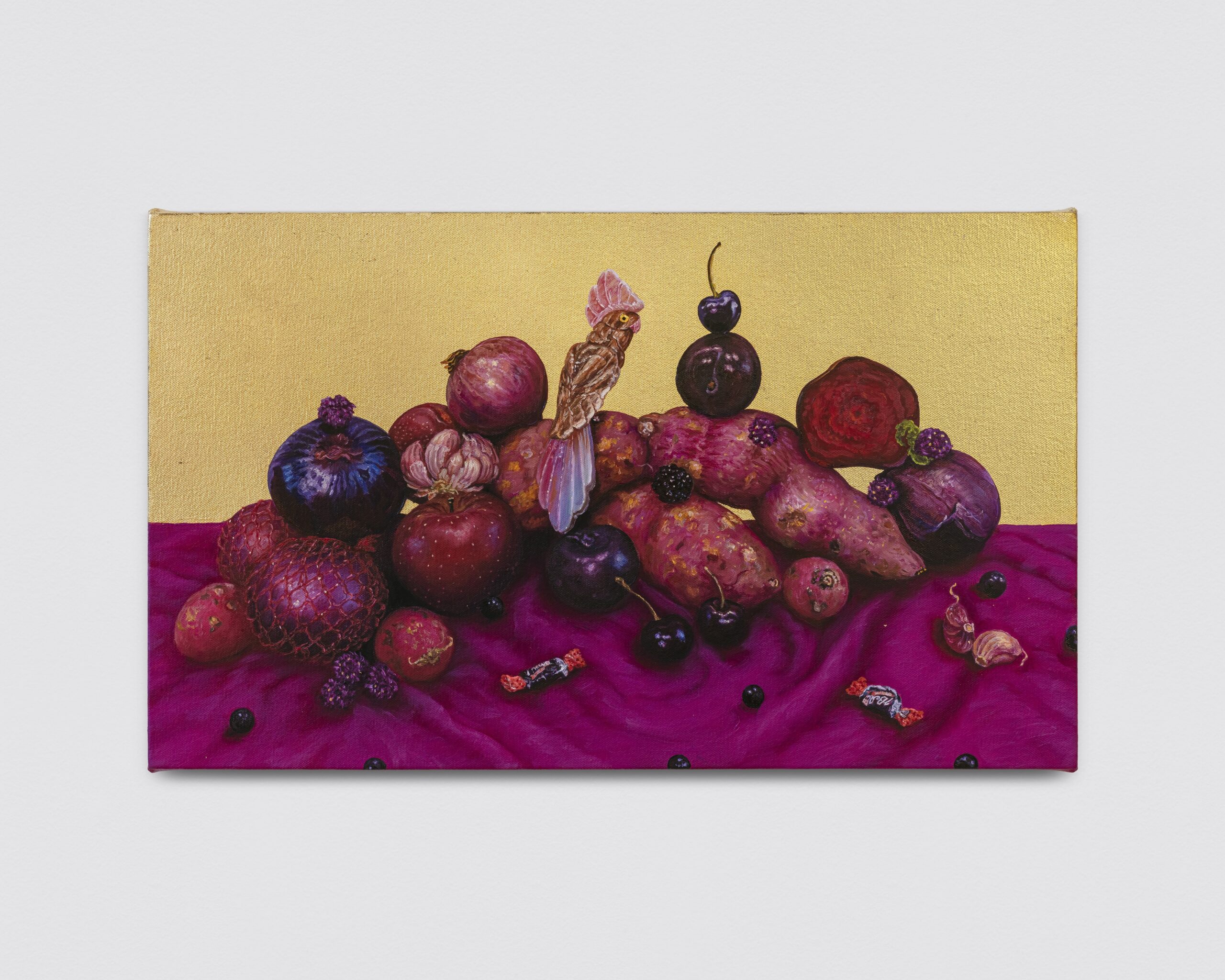 Ana Elisa Egreja<br><em>Magenta Still Life (Sunset) [Natureza Morta Magenta]</em>, 2026<br>Oil and 24 karat gold leaf on canvas<br>14 1/8 x 23 5/8 inches / 36 x 60 cm