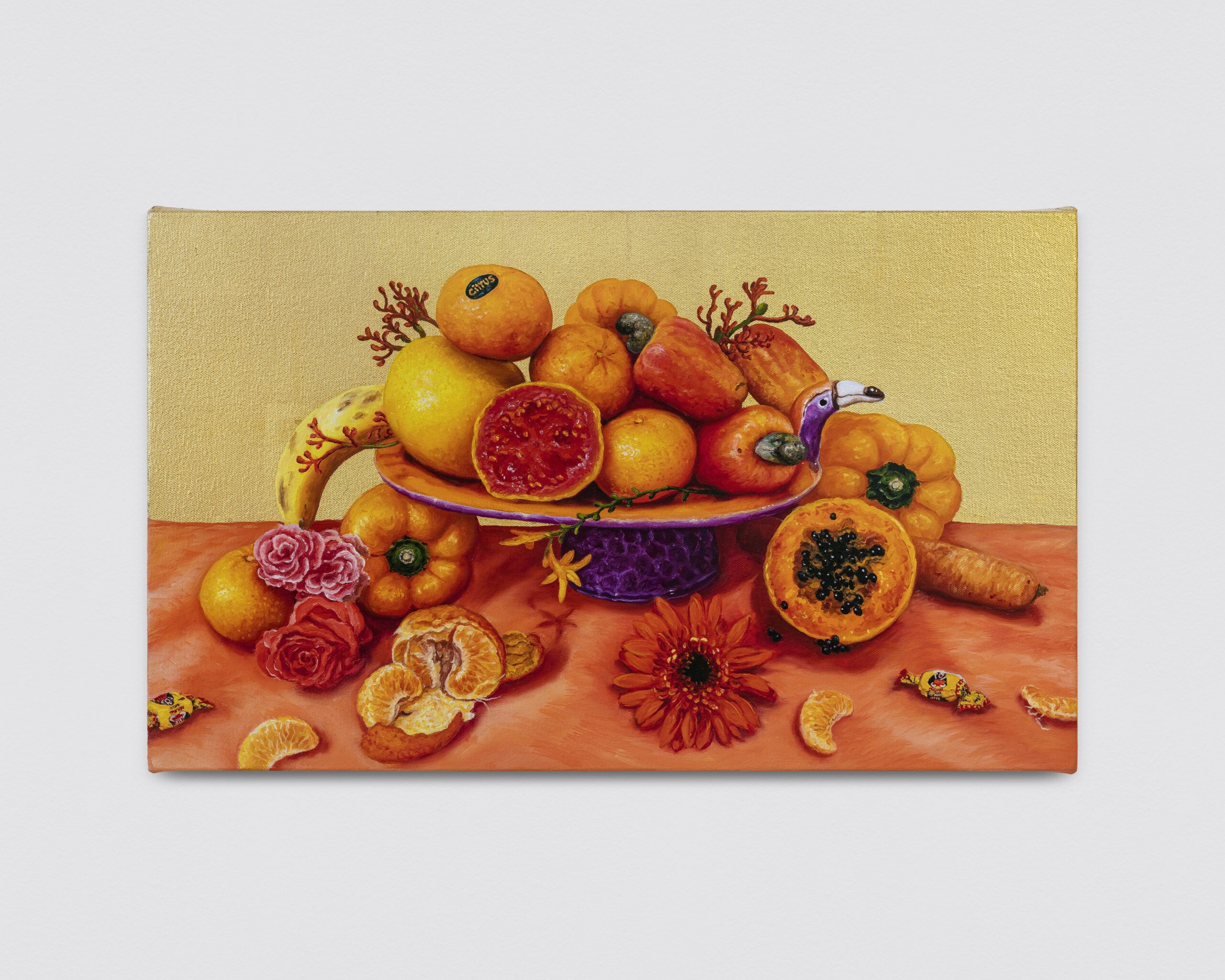Ana Elisa Egreja<br><em>Orange Still Life (Sunset) [Natureza Morta Laranja]</em>, 2026<br>Oil and 24 karat gold leaf on canvas<br>14 1/8 x 23 5/8 inches / 36 x 60 cm