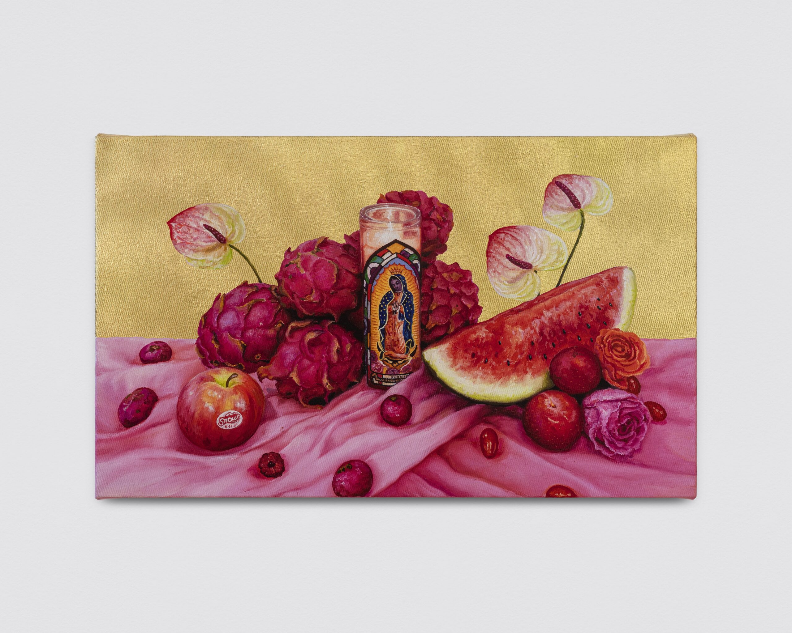Ana Elisa Egreja<br><em>Pink Still Life (Sunset) [Natureza Morta Rosa]</em>, 2026<br>Oil and 24 karat gold leaf on canvas<br>14 1/8 x 23 5/8 inches / 36 x 60 cm