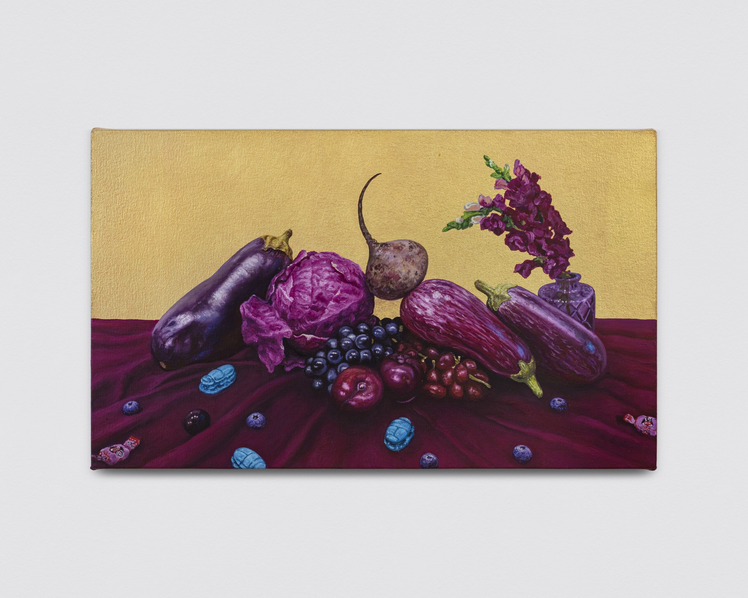 Ana Elisa Egreja<br><em>Purple Still Life (Sunset) [Natureza Morta Roxa]</em>, 2026<br>Oil and 24 karat gold leaf on canvas<br>14 1/8 x 23 5/8 inches / 36 x 60 cm